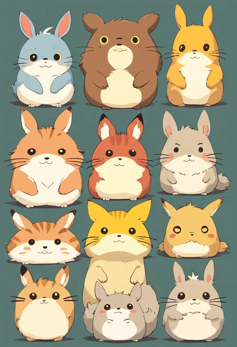 cute animal series, studio ghibli, minimalism, character design, exquisite details,character sheet Artist: Roffzen