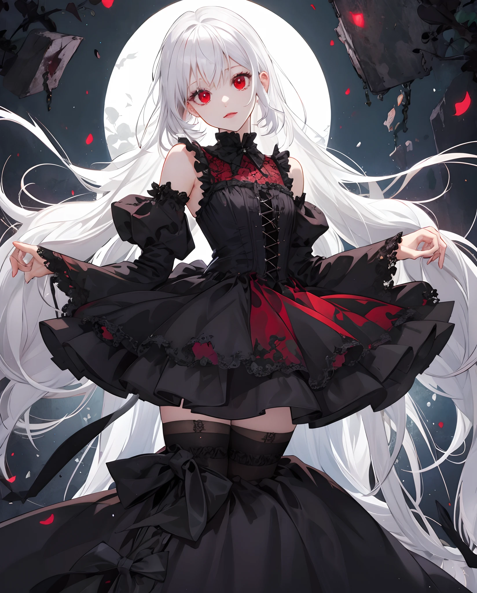 white hair, kinky hair, cute, girly, red eyes, whole body, Gothic dress,