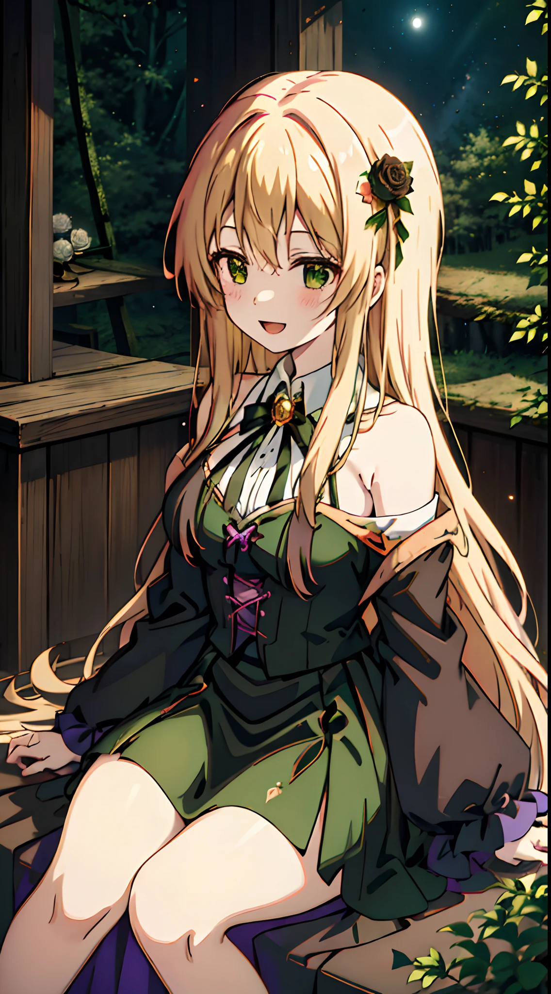��Witches, enchanting witches, Halloween atmosphere, Halloween witchesFairy tale Deep forest, green forest, in the forest, quiet moonlight, ,1girl, dress, long hair, solo, white dress, white flower, flower, looking at viewer, white rose, long sleeves, very long hair, open mouth, smile, blonde hair, bangs, curtains, holding, hair ornament, rose, ribbon
