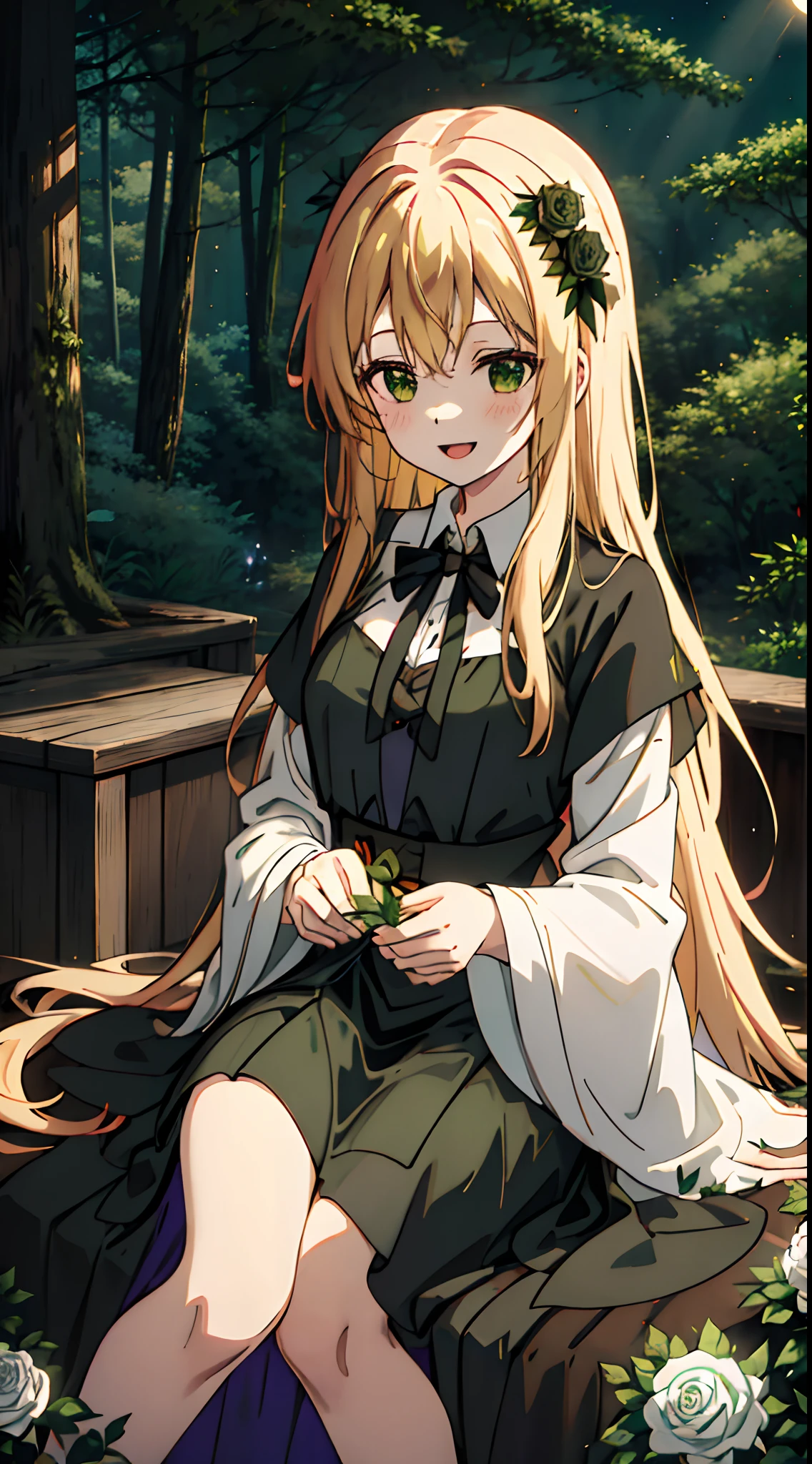 ��Witches, enchanting witches, Halloween atmosphere, Halloween witchesFairy tale Deep forest, green forest, in the forest, quiet moonlight, ,1girl, dress, long hair, solo, white dress, white flower, flower, looking at viewer, white rose, long sleeves, very long hair, open mouth, smile, blonde hair, bangs, curtains, holding, hair ornament, rose, ribbon