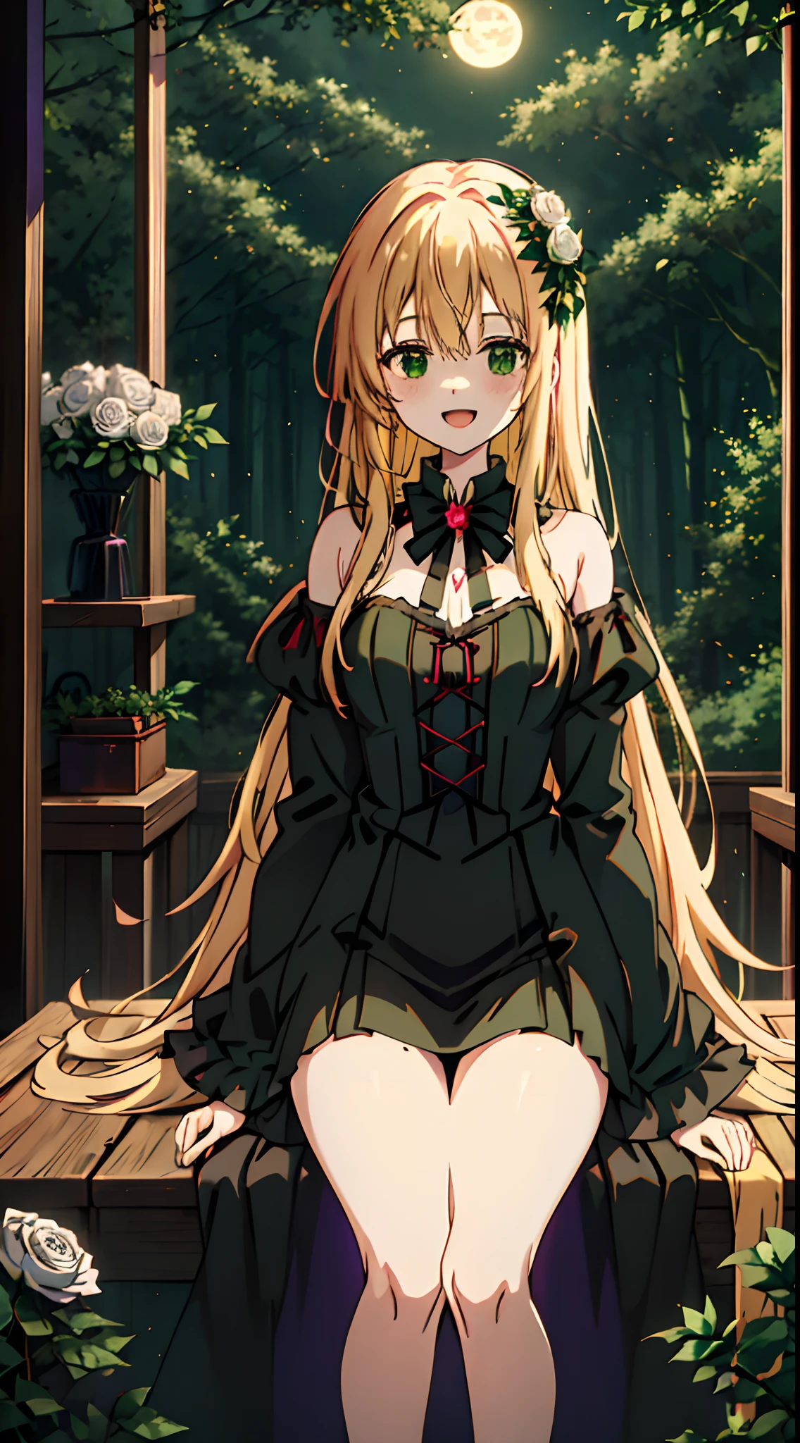 ��Witches, enchanting witches, Halloween atmosphere, Halloween witchesFairy tale Deep forest, green forest, in the forest, quiet moonlight, ,1girl, dress, long hair, solo, white dress, white flower, flower, looking at viewer, white rose, long sleeves, very long hair, open mouth, smile, blonde hair, bangs, curtains, holding, hair ornament, rose, ribbon