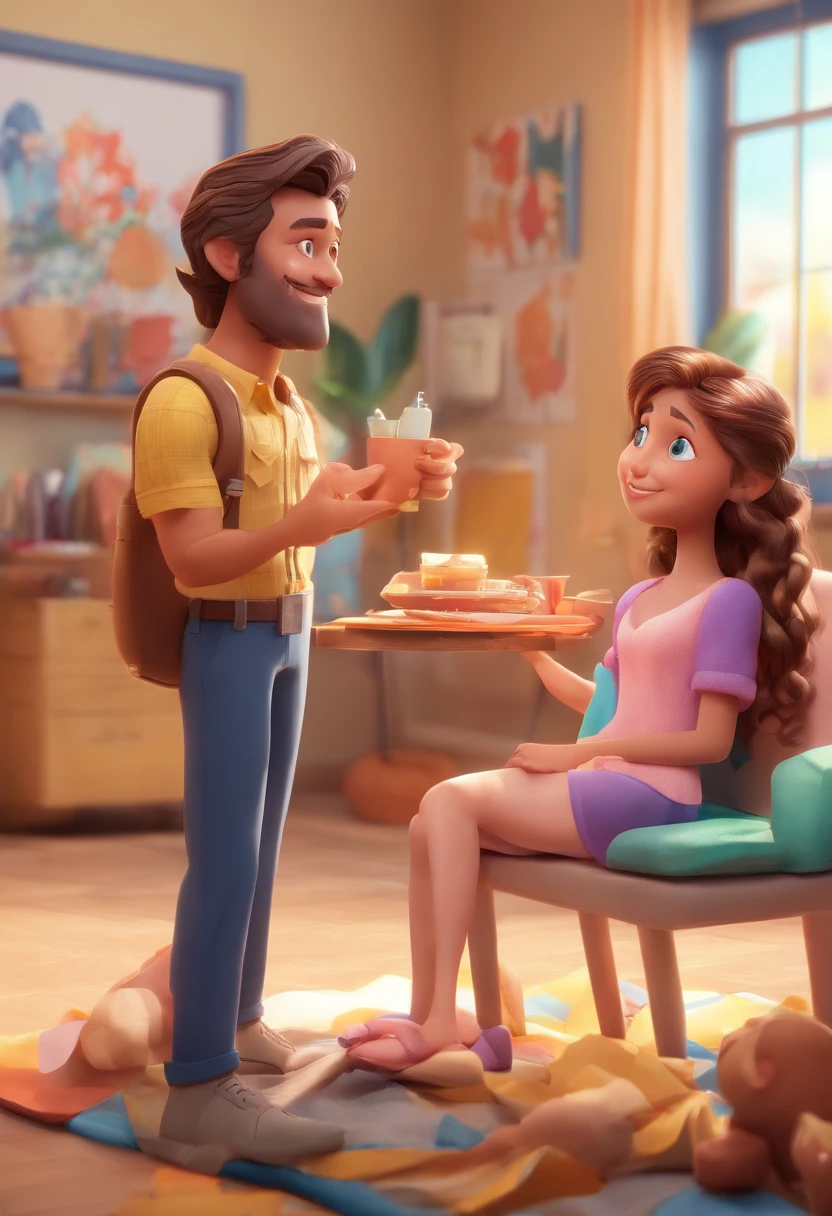 An illustration of an adorable family, destacando um homem e uma mulher com bonito, Expressive eyes – the man's skin is white and the man's hair is black, while the woman's skin is white and the woman's hair is curly and brown. They are a bright room, cada um com um sorriso no rosto, e compartilhar um momento especial caracterizado pelo amor. Illustrate this scene from a perspective where they are facing away from the camera, Showing Your Connection. Desenvolva esta arte em Full HD, Focus on your cinematic touch, Estilo Disney Pixar Animations