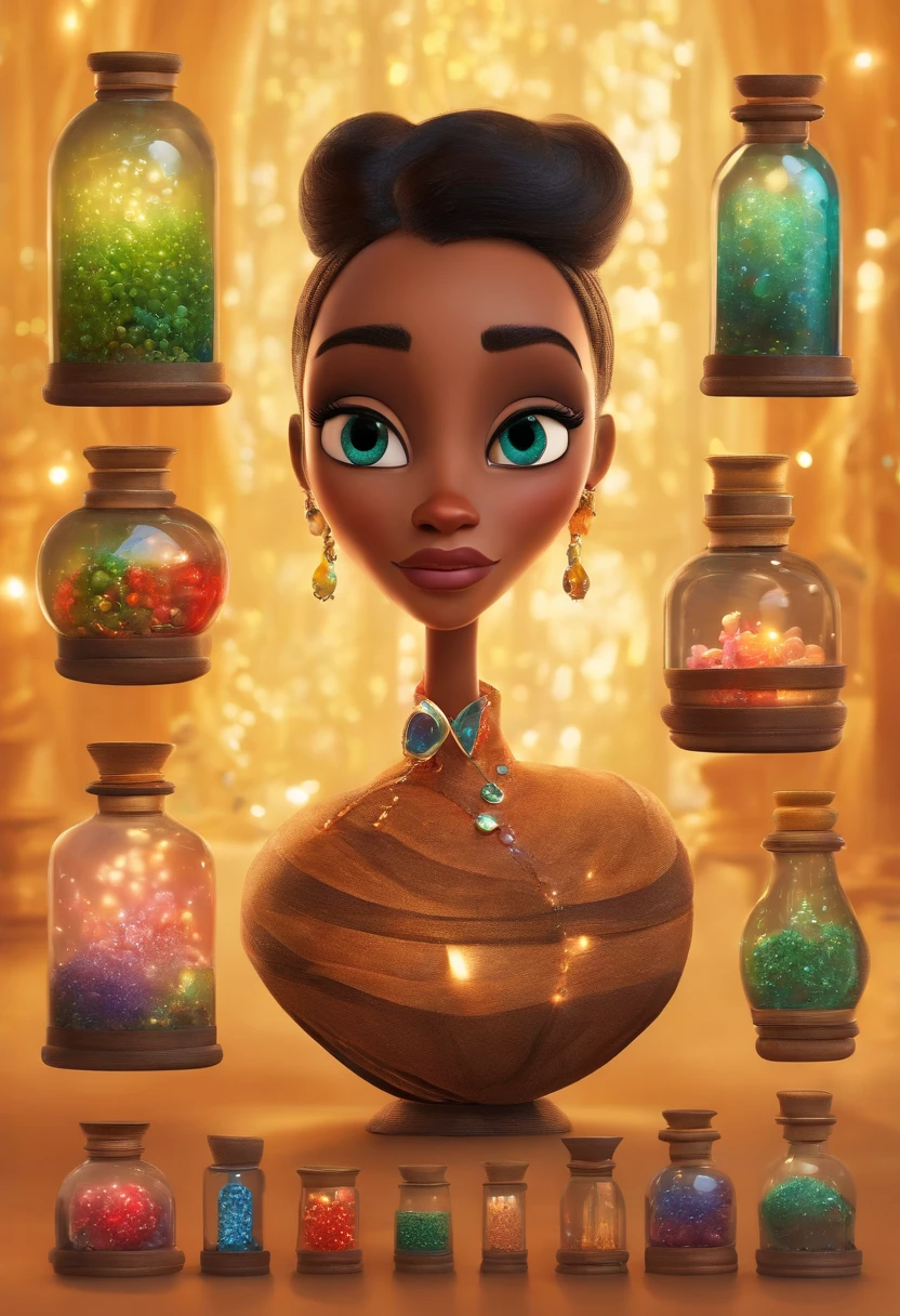 A collector of ideas inspired by Pixar animation, de perto. She is surrounded by a collection of magic vials, each containing a unique idea. The focus is on the character, with a captivating facial expression, Against a backdrop of shimmering, cores efervescentes.