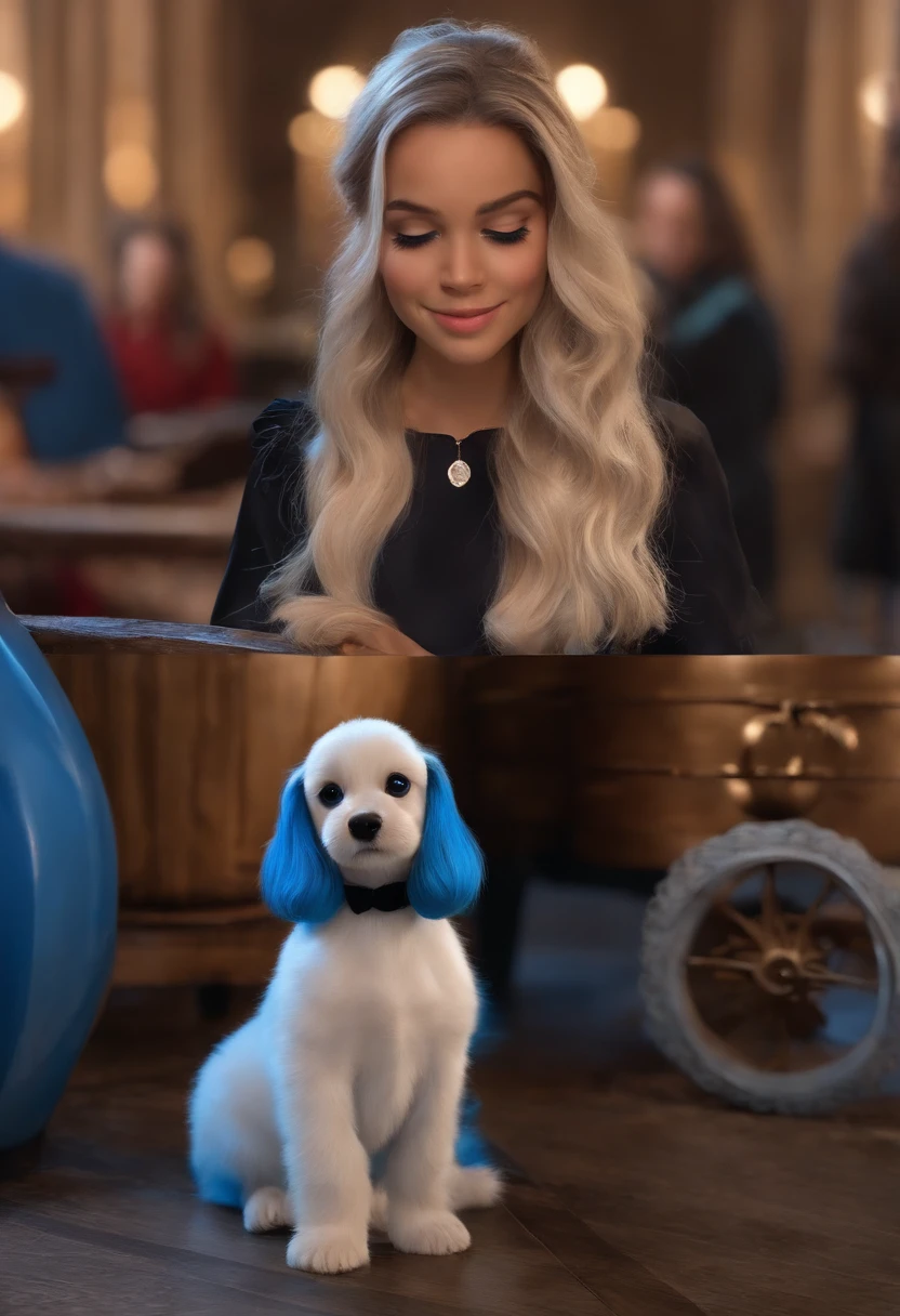 Um filme inspirado na Disney Pixar (Puppy turns black can, hair on goosebumps with bow on her head in blue color, drooping ears , Nome da cachorra PRETA  A cena estar na arte distinta do estilo PIXAR
