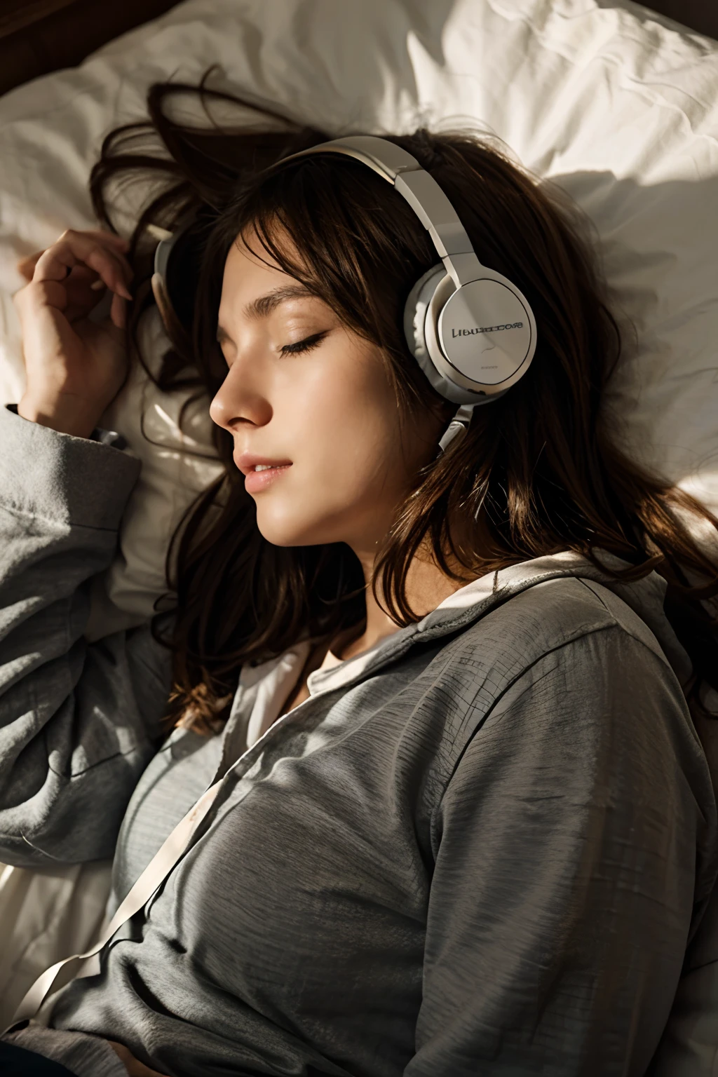 colorful、on clouds、kosmos、night, Big Moon in window、realistic、The girl is sleeping、She wears delicate headphones that blend into her hair, Only one stuffed animal、closed eyes, hugging pillow、超A high resolution, nude, cuerpo entero