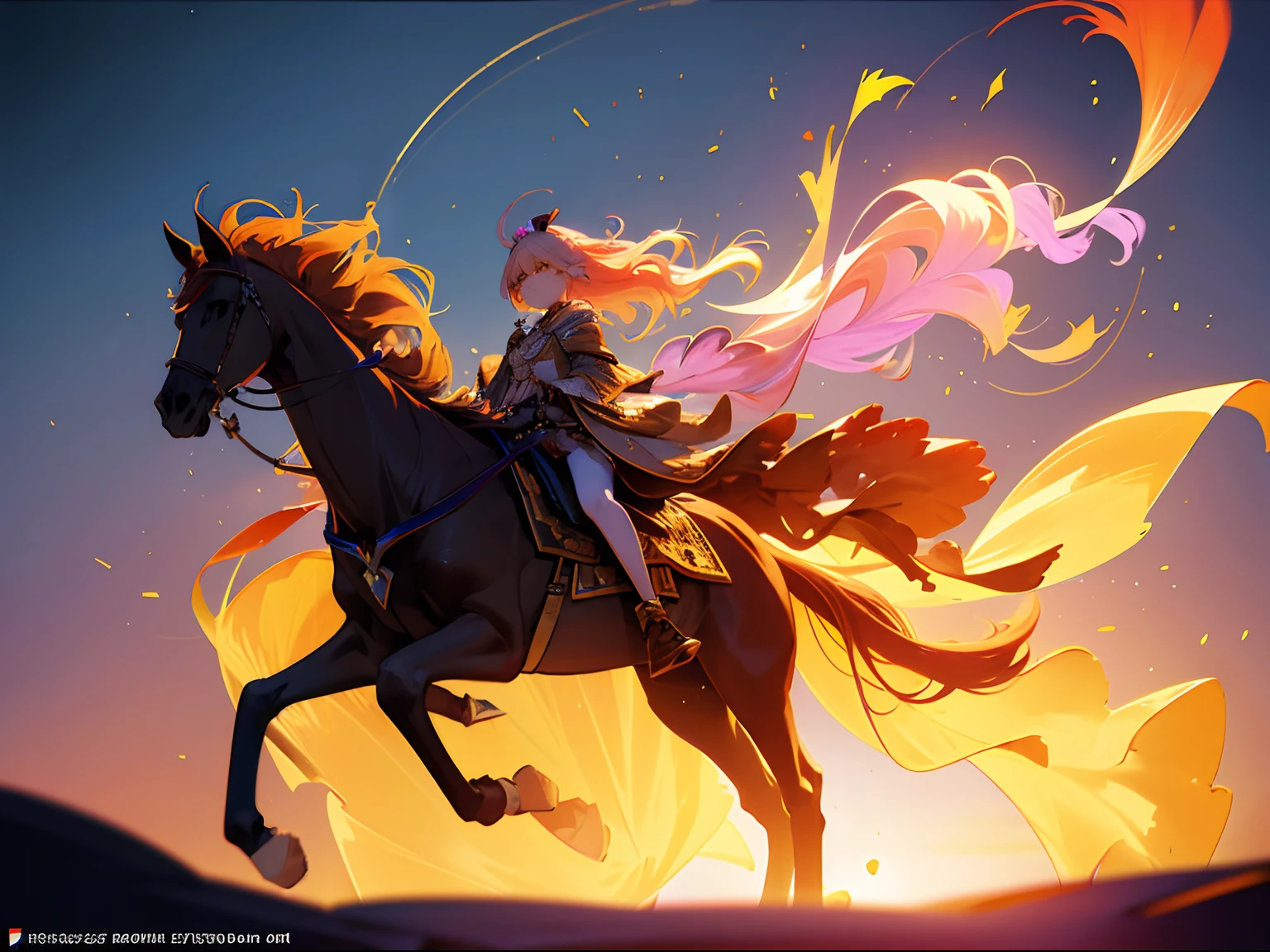 She is riding a Galvian stead ((an alien horse-like creature)), across the baren landscape of an alien world, dust blows across the desert in swirls of sorrow, orange and pinks of the setting moon as a Jovian world hangs in the furoin sky, she rides to the edge of the horizon, and to new tank city, photorealistic, hyperdetailed, sadness and forlorn, an ending, extreme long shot, vast distances, 64k resolution