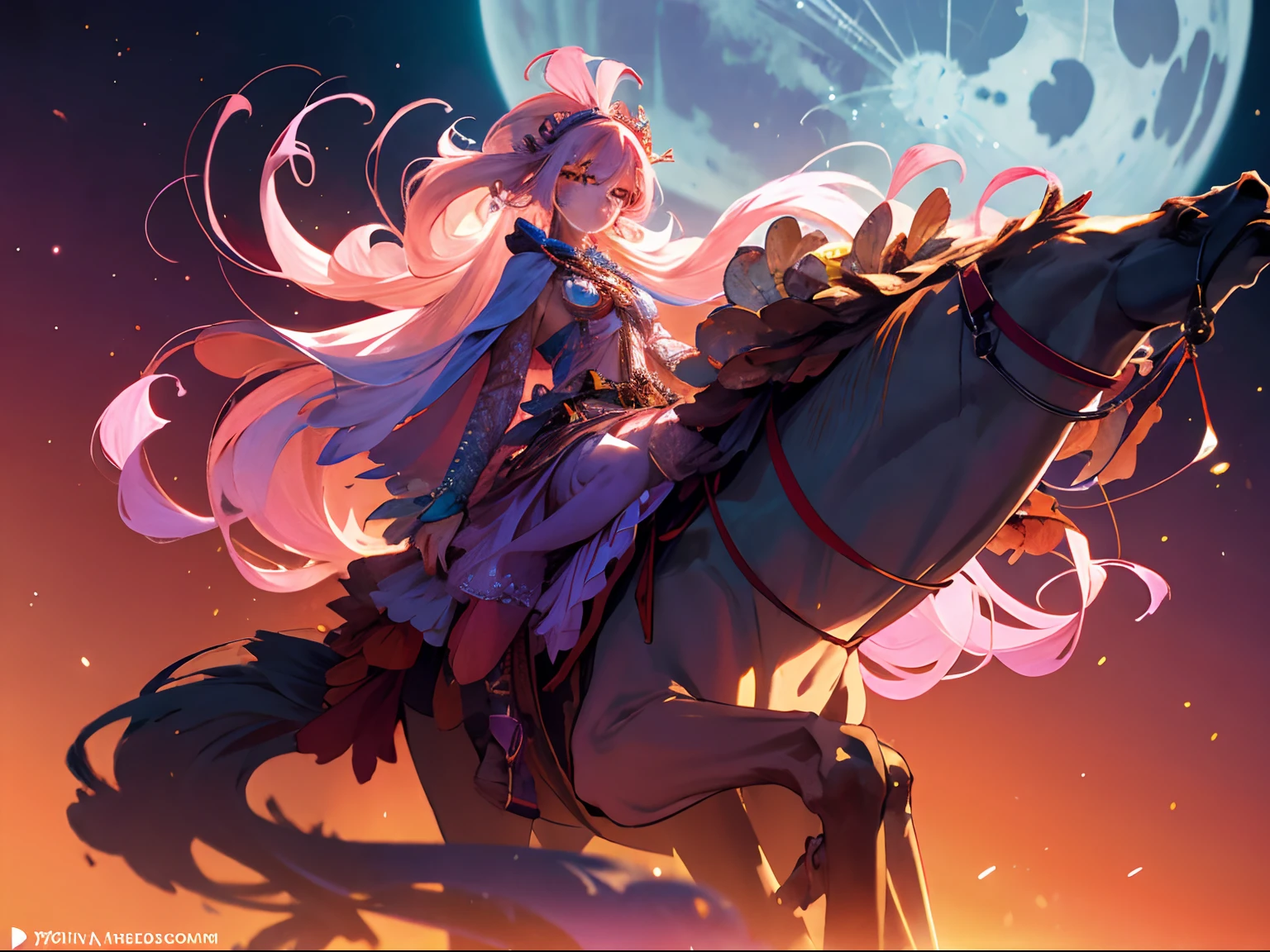 She is riding a Galvian stead ((an alien horse-like creature)), across the baren landscape of an alien world, dust blows across the desert in swirls of sorrow, orange and pinks of the setting moon as a Jovian world hangs in the furoin sky, she rides to the edge of the horizon, and to new tank city, photorealistic, hyperdetailed, sadness and forlorn, an ending, extreme long shot, vast distances, 64k resolution