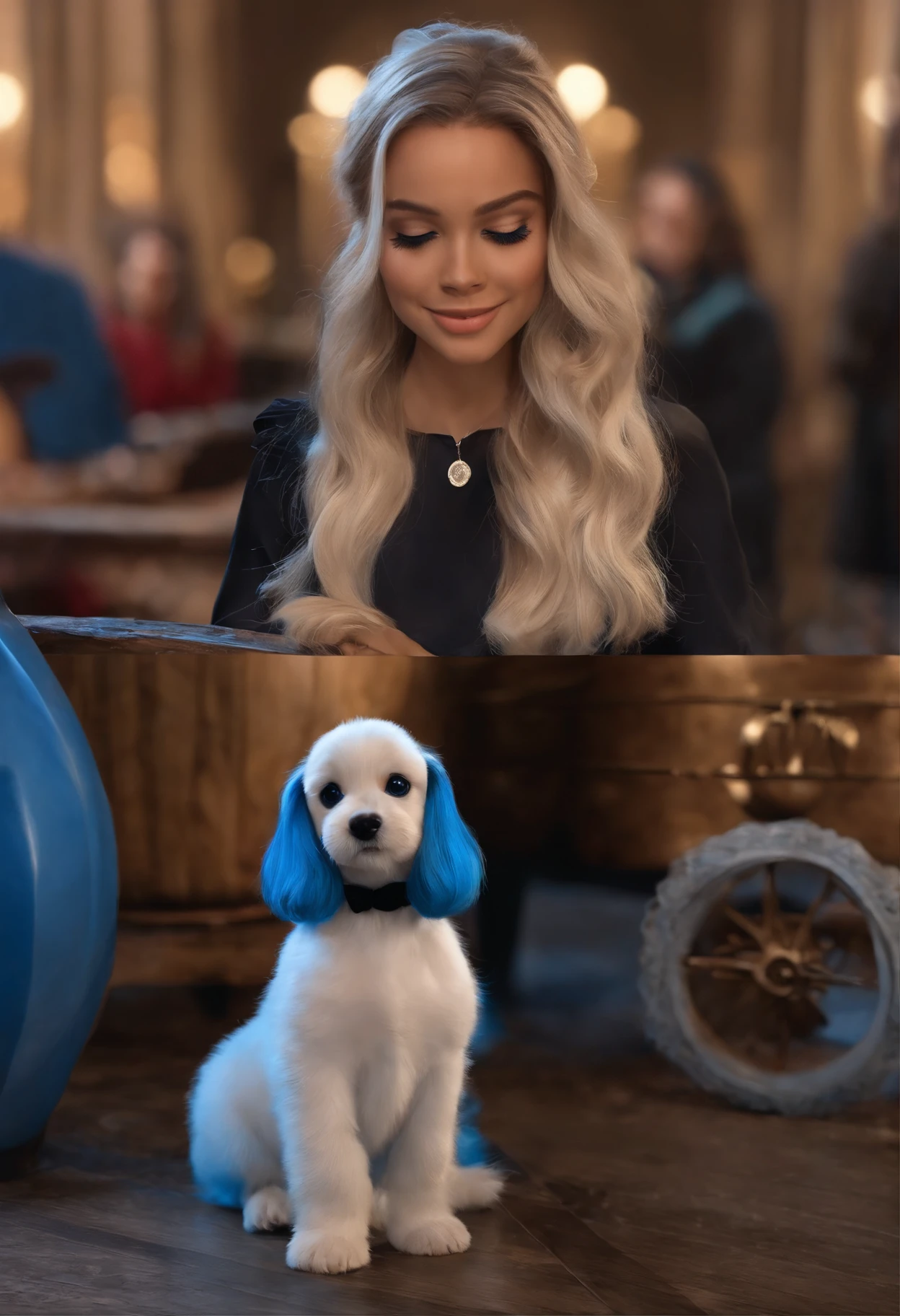 Um filme inspirado na Disney Pixar (Puppy turns black can, hair on goosebumps with bow on her head in blue color, drooping ears , Nome da cachorra PRETA A cena estar na arte distinta do estilo PIXAR