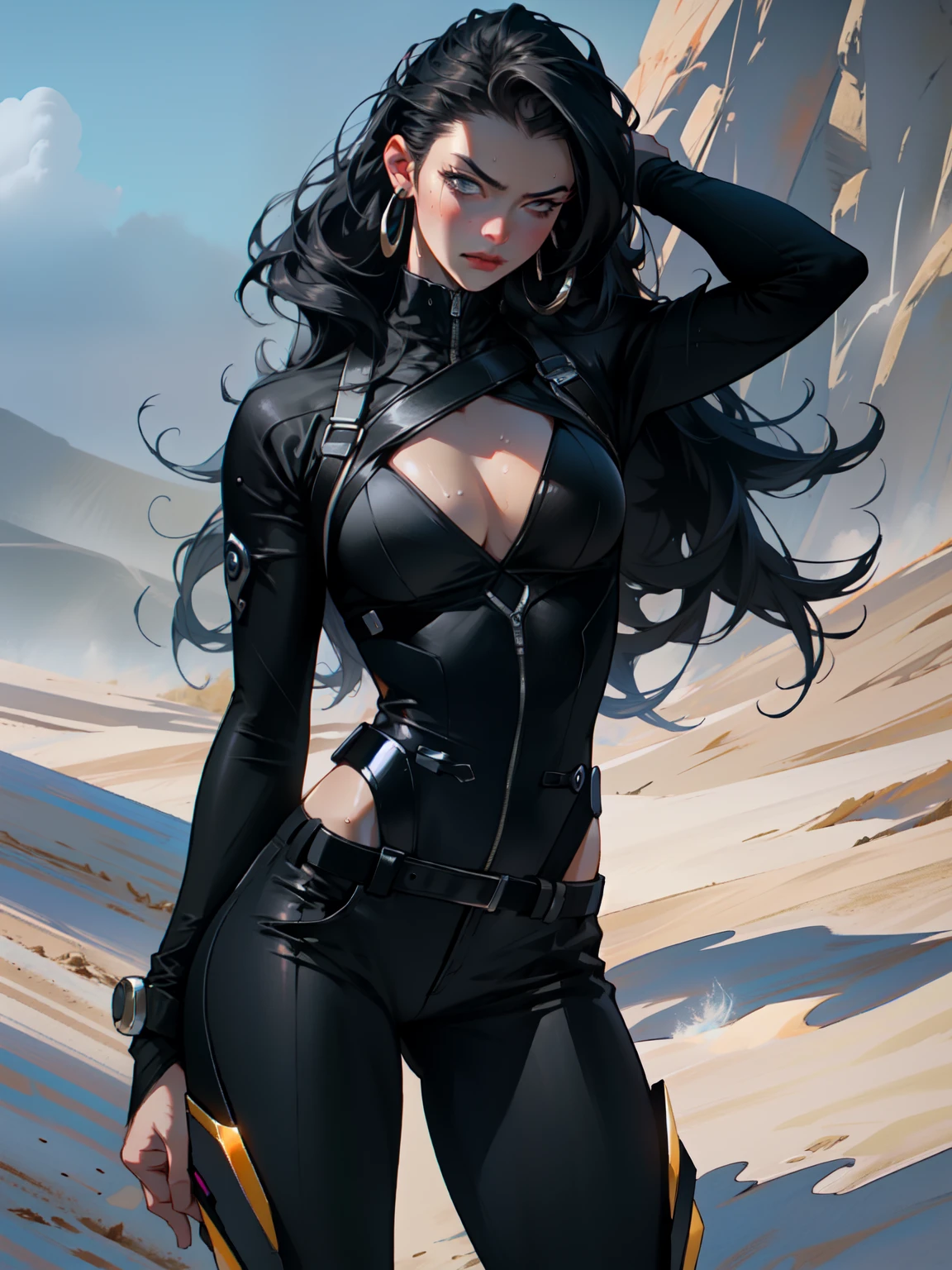 ((Best quality)), ((masterpiece)), ((realistic)), ((beautiful female villainess)), (milf:1.4), (badass:1.4) - Under the scorching summer sun, the ((beautiful female villainess)) captivates with intense sapphire eyes and flowing, waist-length locks. Her tight, black combat suit highlights her sculpted arms and muscular thighs, while her hourglass figure accentuates her commanding presence. Standing against a fiery desert backdrop, her arrogance and apathy emanate, creating a visually striking and dramatic scene, a true scenic masterpiece, very thin waist, huge hips, (japanese girl:1.3), (sexy pose:1.1), (Sexual pose:1.3), , slave, sexual slave, wet skin, sweaty, (sexual suggestive))