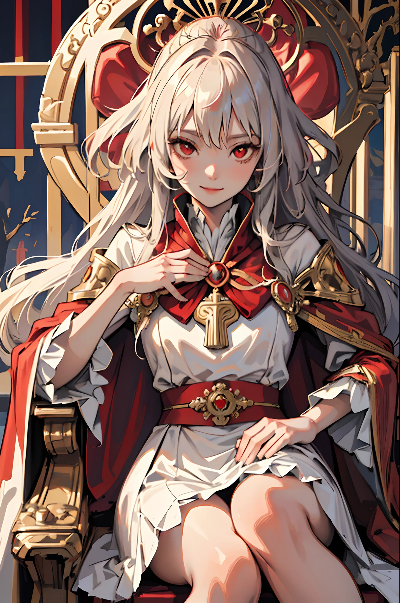(masutepiece, Best Quality), 1girl in, Solo, (Her Majesty:1.15), platinum-blonde, Long hair, (red cape), drapes, White Dress, queen dress, Aurora, (Sunshine, skyporn, River, forest), deadpan, Red Eyes, Very long hair, (Art Nouveau:1.2), Alphonse Mucha, tiarra, (Face Focus, Upper body), sit, (red throne:1.12), tiarra, cross one's legs, highly intricate detail, Realistic light, Smile