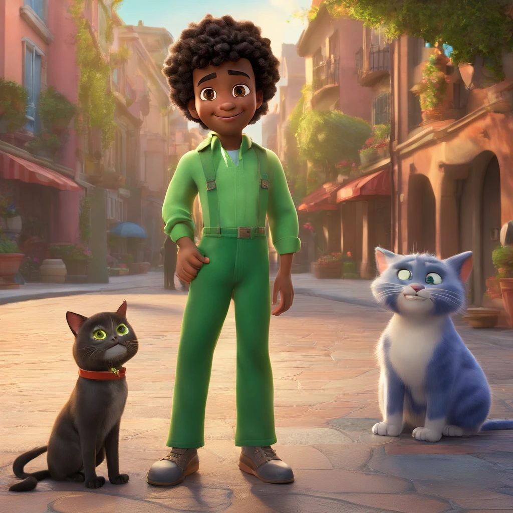 A Disney Pixar movie poster featuring a black-skinned, curly-haired boy character wearing a green jumpsuit and black long-sleeved blouse standing up.  Next to it, a cat, a gray-haired man with white, blue eyes, arms with paws and legs with paws on their feet