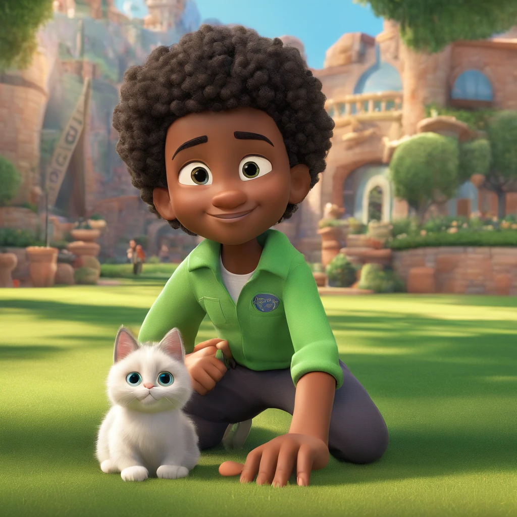 A Disney Pixar movie poster featuring a black-skinned, curly-haired boy character wearing a green jumpsuit and black long-sleeved blouse standing up. Next to it, a cat, a gray-haired man with white, blue eyes, arms with paws and legs with paws on their feet