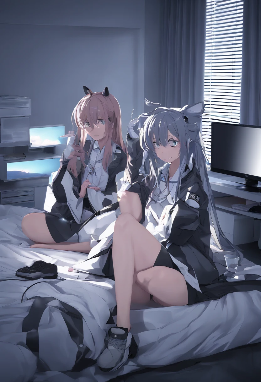 Absurd resolution, high resolution, (Masterpiece: 1.4), Super detailed, (((Detailed face, Detailed expression)), Two girls, Girls and girls, Friends, best friends, Classmates, relaxing, pony tails, Bob, sitting on bed, sitting down on the floor, Two people talk, Room background, Friends, best friends, Home, 1k, Small room, Curtains, Bed, Tv, desk, Room Wear, Kyoto Animation, The atmosphere of Kyoto animation, (tearful)