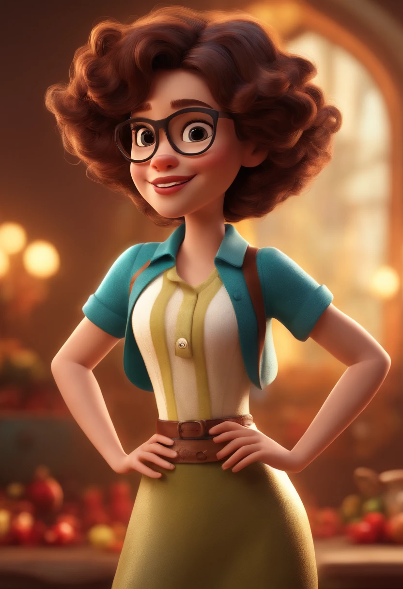 Magem Pixar Style with 3D Character White Glasses Brunette Woman Short Curly Hair Dancing Disney Realistic