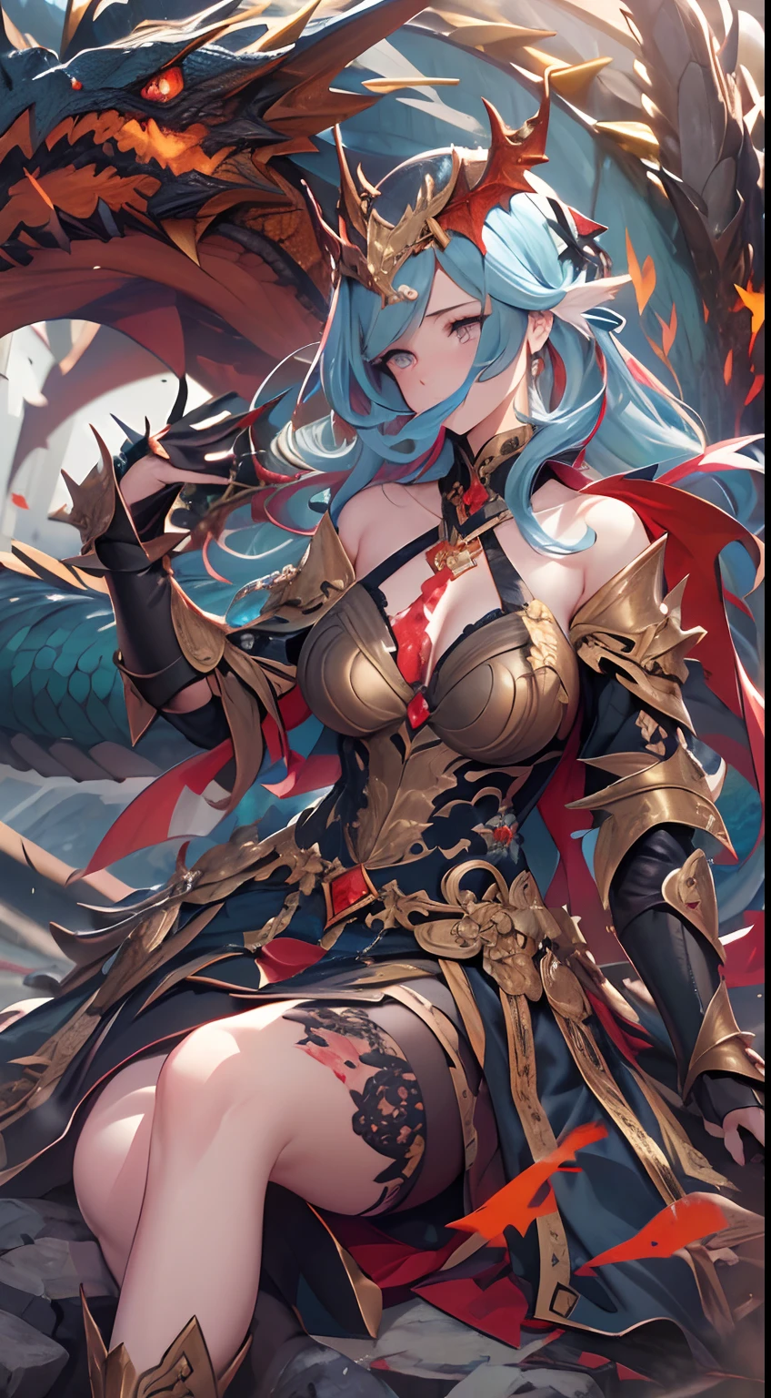 (detaileds:1.4), 3D combination of human and dragon, Human Dragon Tail, Girl in Dragon Scale Armor, The armor has a complex and delicate golden dragon pattern, broken armor,There are many cracks, There is an outflow of blood,, The red panties underneath are exposed.., (While dragging the fireball in his hand, Intertwined large fireballs, There are 3 color variations: Red, Green and blue, Off-the-shoulder fashion, Combat boots with a very intricate dragon pattern, Neat, neat and slim long legs, There is a ring on the top of the head, (The pitch-black dragon armor shone with a metallic luster:1.3), With extreme caution、Fusion of fine punk team and baroque ta, Countless meteorites fell from the sky, Intricate dragon pattern headdress, Fluttering lace flared mini skirt, The chest is full and straight, His chest was embedded with a dragon crystal that emitted blue light, Attached to the armor, Clean long blue hair, Long vertical curly hair, Fire red purgatory background, There are tear marks on the face, Scream, Bleeding from the wound on the upper arm, This big fireball is flying around in the sky, On the forehead is a fiery rune in the shape of a dragon, Art deco, hight resolution, cinmatic lighting, (long eyelasher), Red snake pupils, There was blood on the gun, Crying, tored, sobbing, nffsw(HighDynamicRange), Heterochromia, hyper HD, Rococo style, depth of fields, Ray tracing, Motion Blur, surrealism, vignetted, Verism, surrealism, Textured skin, masutepiece, high details, High quality, Best Quality, 16 K