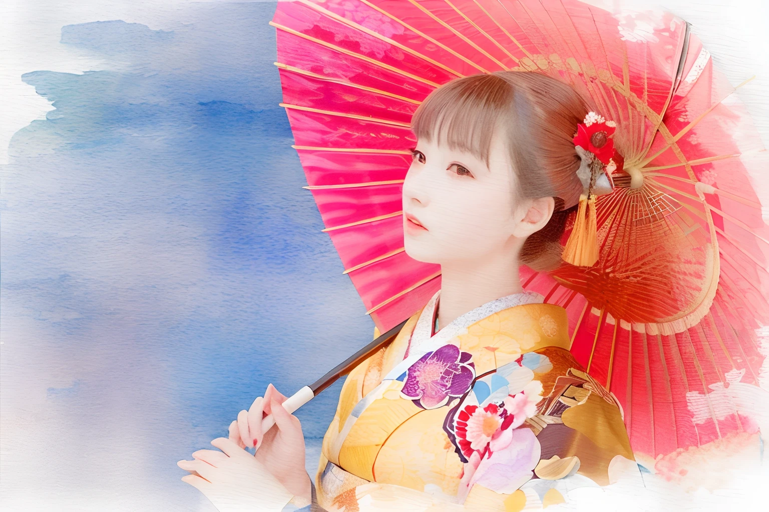 There is a woman with a red umbrella and a blue background, in a kimono, japan watercolour, geisha photo portrait, in a kimono, wearing royal kimono, Anime style mixed with Fujifilm, inspired by Otake Chikuha, inspired by Uemura Shōen, portrait of a japanese girl, anime portrait of shiina ringo, japanese painting