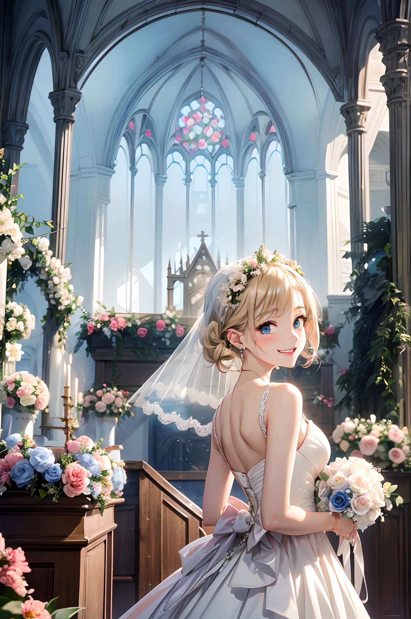 absurderes, (独奏:1.5,)ultra-detailliert,bright colour, extremely beautiful detailed anime face and eyes, view straight on, ;D, shiny_skin,25 years old, Short hair,, asymmetrical bangs, Blonde hair with short twin tails, Shiny hair, Delicate beautiful face, red blush、(Blue eyes), White skin, earrings, Beautiful skyline,(magnificent sky),(Happy smile:1.4),beautiful and delicate eyes,Cute Girly,Perfect slim body,(Hatsuko endo wedding dress:1.5),View of the church,Pure eyes,The skin is smooth like a baby,,lakes,(Colorful flowers and plants:1.3)