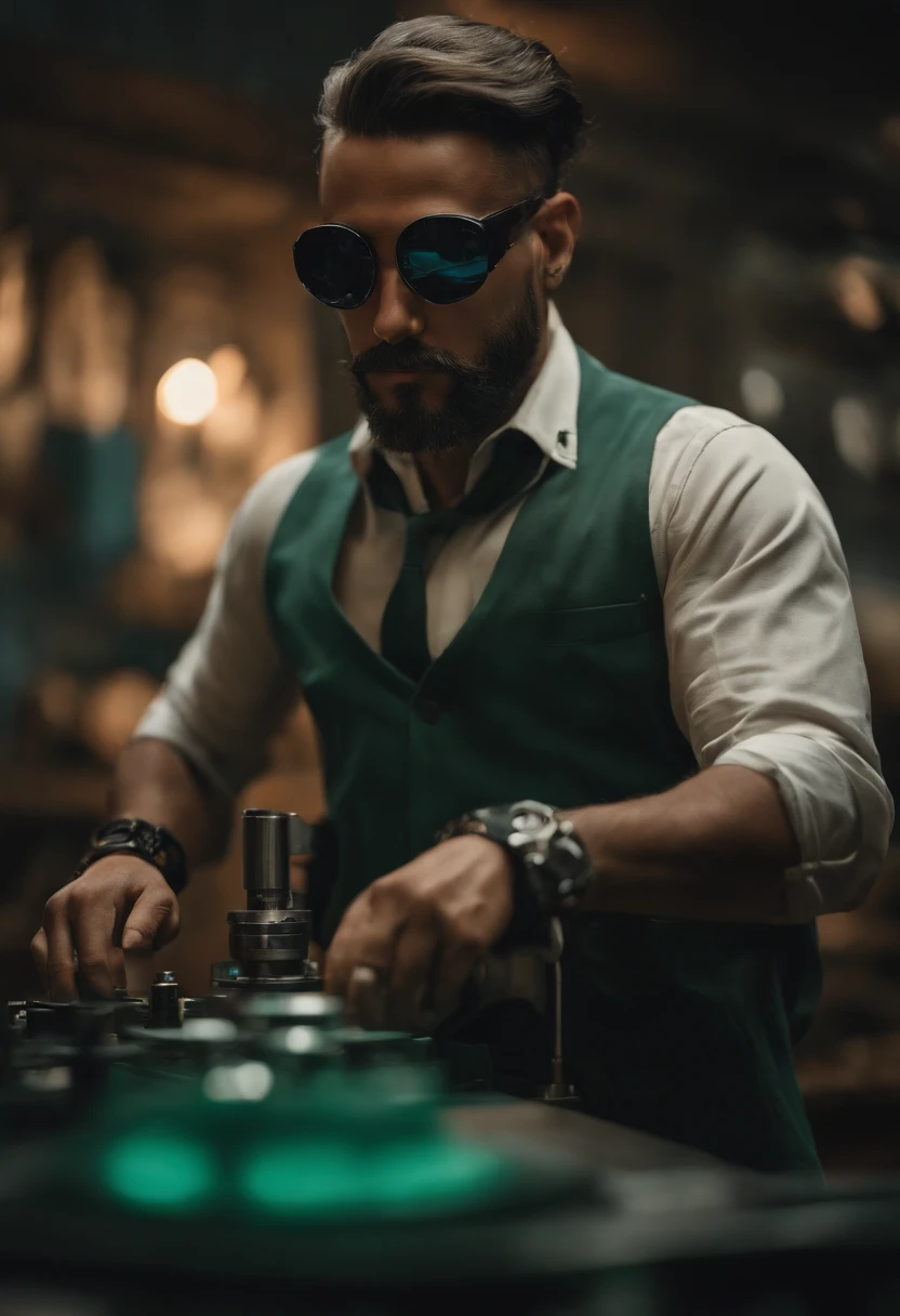 Criar dois personagens um homem forte careca de barba estilo motoqueiro, com avental verde, Working on a ceramic lathe. Uma mulher de cabelo curto grisalho, de oculos, (altamente detalhado: 1.2), (canon EOS R6 melhor qualidade: 1.2), (8k: 1.0), (emb-rrf-baixo: 1.0), (lots of large black tattoos on open cybernetic head in the middle showing the inside, Rosto detalhado, Hyper detailed eyes and wearing high-tech sunglasses with holographic display 1.2), foco nítido (foto premiada: 1.2), (subsurface scatter: 1.2), (subsurface scatter: 1.2). 1.1) (um belo ciborgue ultra-detalhado: 1.2), ( cabelos hiperdetalhados: 1.2), (corpo maravilhoso: 1.2), (corpo inteiro: 1.2), (Dynamic Stance :1.2), brilho neon, (Detailed cybernetic eyes:1.1), Close-up (hiper-realista:1.2), RPG, estilo cyberpunk 2077, dramatic lighting, (Paisagem urbana futurista altamente detalhada:1.2), (scientific fiction: 1.2). 1.2), fotografia de retrato profissional, por wlop greg rutkowski, jeffrey simpson, alphonse mucha