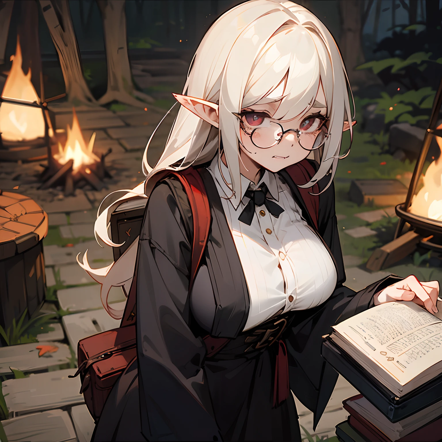 writing with quill in book, vampire girl, glasses, backpack, traveler, outside, campfire, large fangs, frown, pointy ears, tired eyes, dark circles under eyes, large breasts