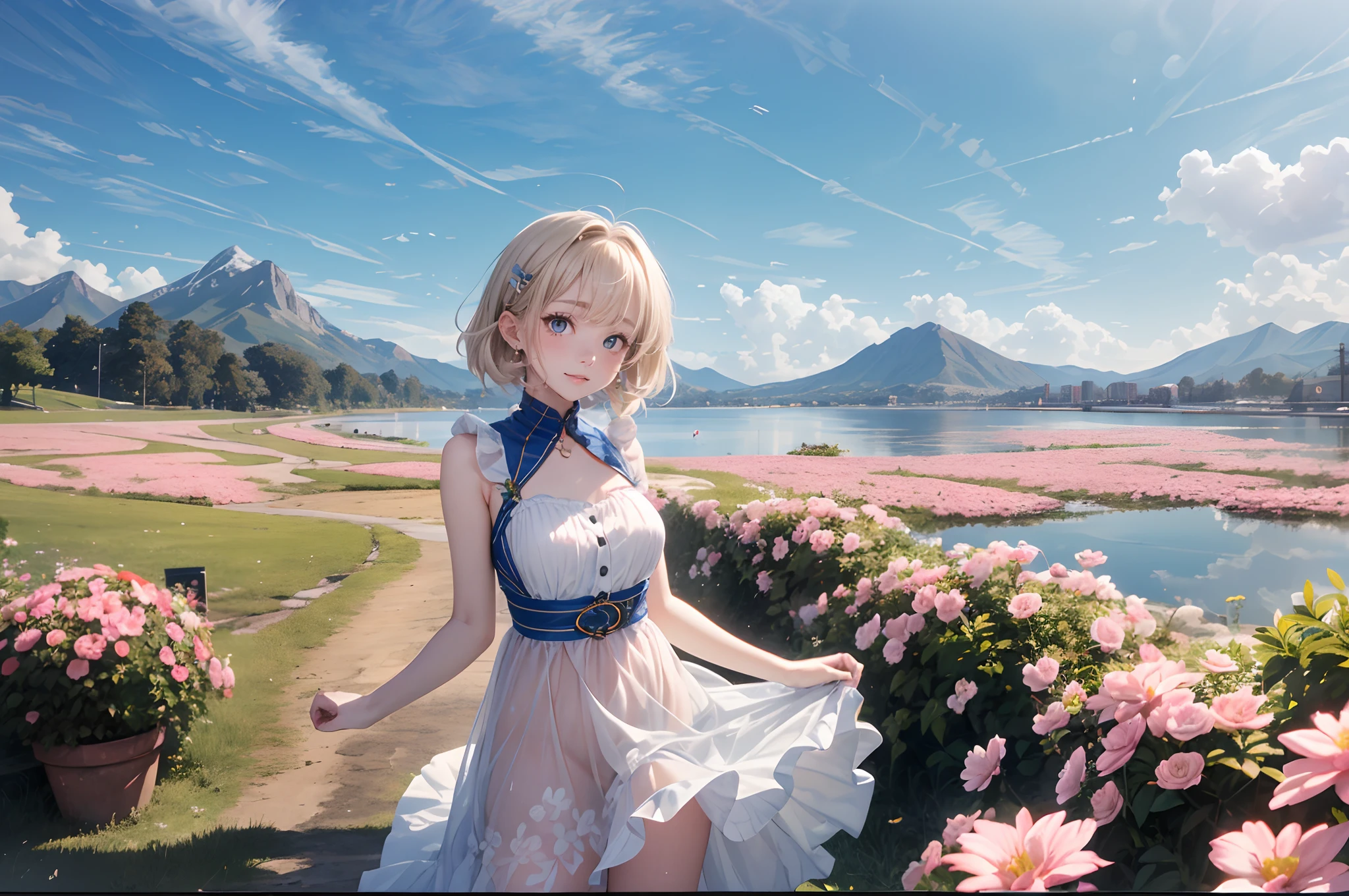 absurderes, (独奏:1.5,)ultra-detailliert,bright colour, extremely beautiful detailed anime face and eyes, view straight on, ;D, shiny_skin,25 years old, Short hair, , asymmetrical bangs, Blonde hair with short twin tails, Shiny hair, Delicate beautiful face, red blush、(Blue eyes), White skin, hair clips, earrings, Beautiful skyline,magnificent sky,beautiful and delicate eyes,Cute Girly,Perfect slim body,shift dresses,Pure eyes,The skin is smooth like a ,Stand on a high mountain and look at the sky,lakes,Colorful flowers and plants