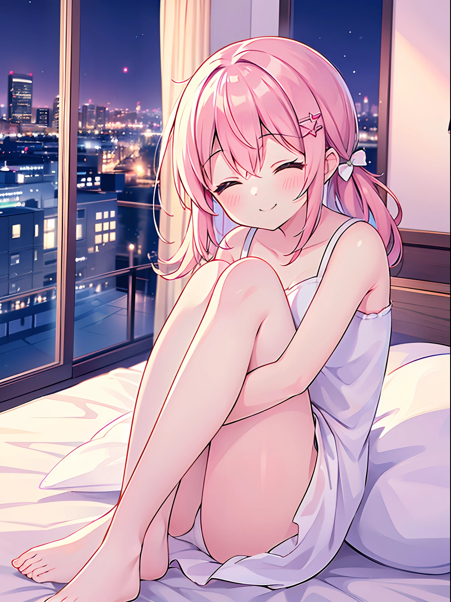 1girl, solo, pink hair, hair pony, white dress, (hugging a pillow), (smiling), (closed eye), (hair decoration), (bedroom), dynamic light, (window), (night view)