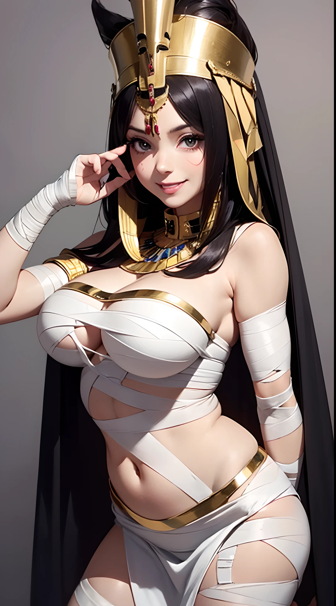 1girl,funny pose,({random} face expression),Halloween cosplay,mummy cosplay,pharaoh's outfit,cleopatra's outfit,(all body covered by bandages:1.35),smiling,detailed body,detailed face,detailed eyes,detailed hands