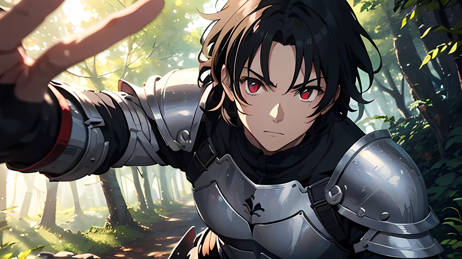 a man, using knight armor, red eye color, detailed eye, black hair color, special operation, in the forest, ufotable style animation, ray tracing, dynamic lighting