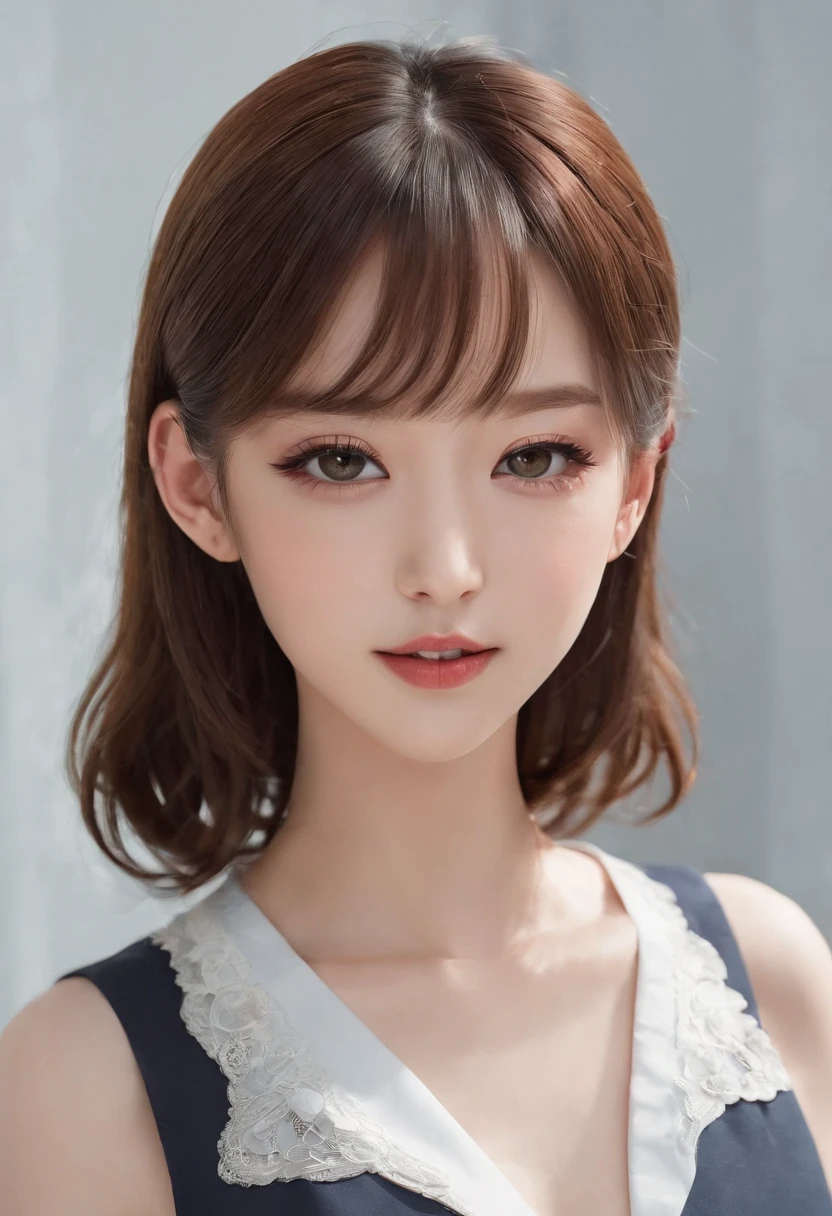 Black eyes, 1 woman, (Female)), Solo, Real, Top quality, Photorealistic, Masterpiece, 8K, HDTV, Solo, HDTV face, Soft lighting, Bedroom, ((Daytime)), sky, (looking at the camera in), (Portrait: 0.6), Full-body, (Medium hair), pony tails, Brown hair, Floating hair, Lips, lipstick, Seductive smile, Floating hair, Smile, Open mouth, teeth, eyeslashes, Nogizaka 46, Fashionable Tada, Akari Suda, heartthrob, Beautiful girl, ((uniform)), (((standing))