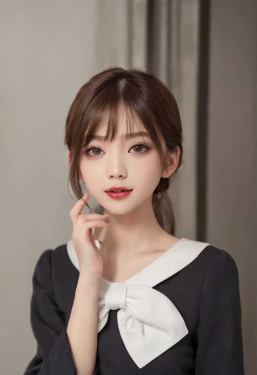 Black eyes, 1 woman, (Female)), Solo, Real, Top quality, Photorealistic, Masterpiece, 8K, HDTV, Solo, HDTV face, Soft lighting, Bedroom, ((Daytime)), sky, (looking at the camera in), (Portrait: 0.6), Full-body, (Medium hair), pony tails, Brown hair, Floating hair, Lips, lipstick, Seductive smile, Floating hair, Smile, Open mouth, teeth, eyeslashes, Nogizaka 46, Fashionable Tada, Akari Suda, heartthrob, Beautiful girl, ((uniform)), (((standing))