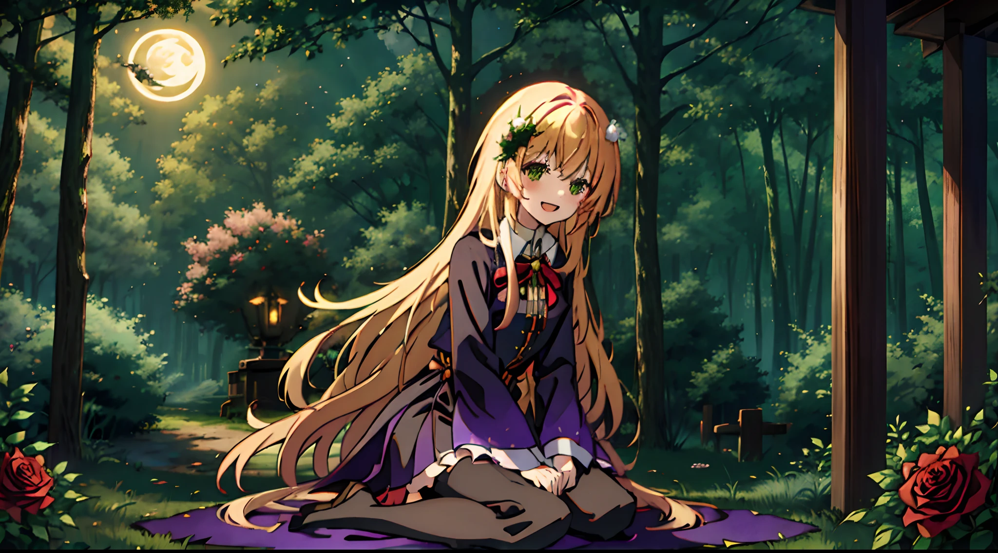 ��Witches, enchanting witches, Halloween atmosphere, Halloween witchesFairy tale Deep forest, green forest, in the forest, quiet moonlight, ,1girl, dress, long hair, solo, white dress, white flower, flower, looking at viewer, white rose, long sleeves, very long hair, open mouth, smile, blonde hair, bangs, curtains, holding, hair ornament, rose, ribbon