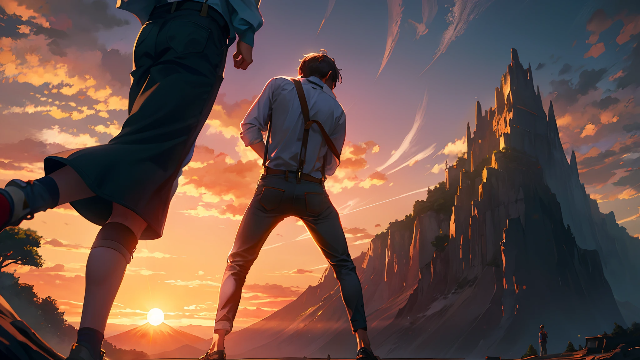 the sunset,eventide,Big Mountain,Medium short hair,Suspenders,Put your feet on the ground,Iron Mountain Back,In front is the cliff,