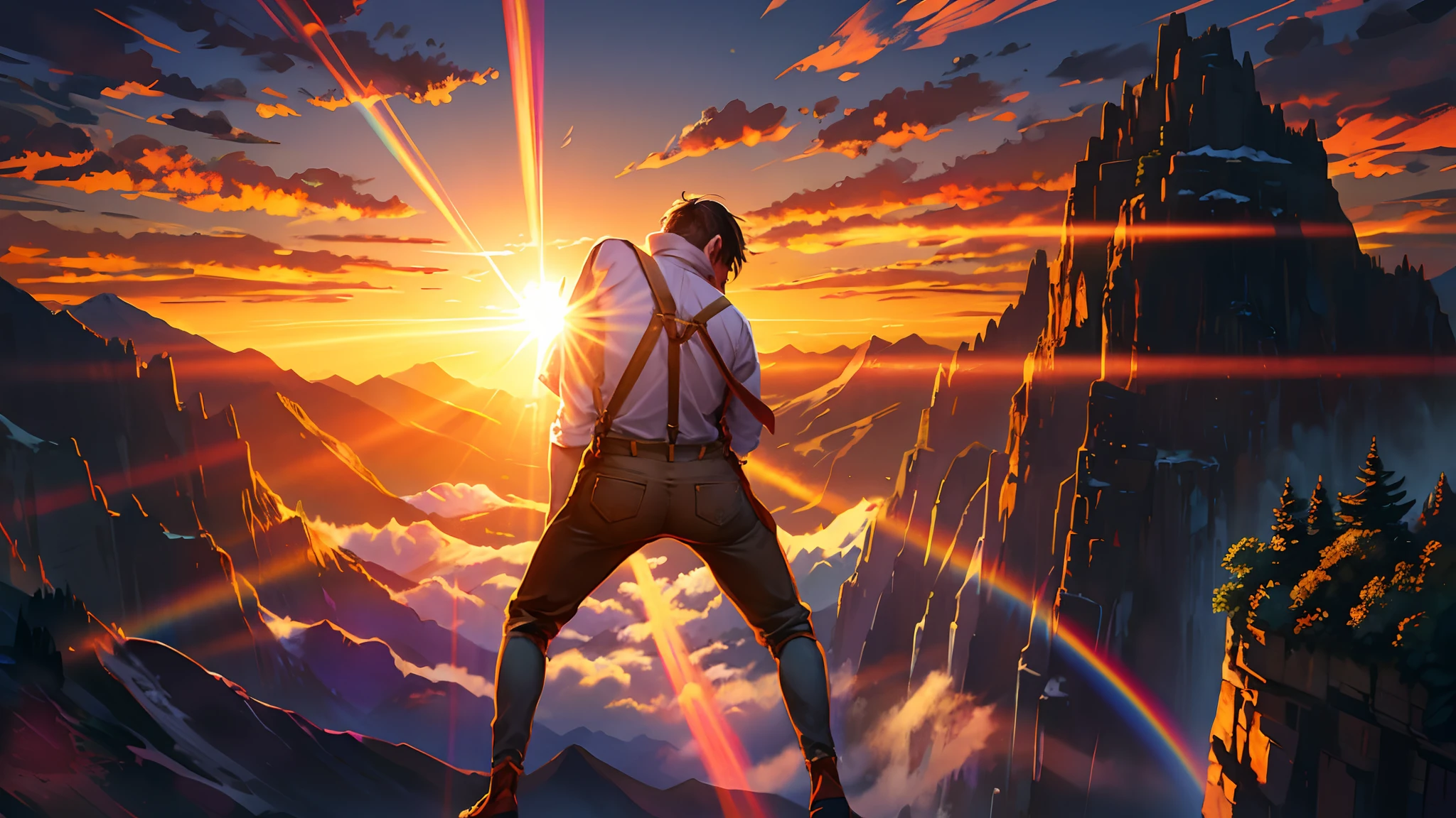 the sunset,eventide,Big Mountain,Medium short hair,Suspenders,Put your feet on the ground,Iron Mountain Back,In front is the cliff,back