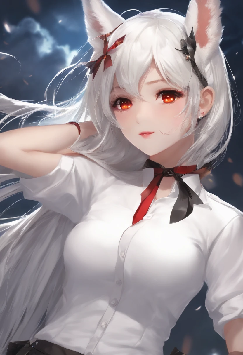 A high resolution, Masterpiece,HighestQuali, Ultra detailed, (Detailed eyes), (Detailed face), 1girll,illustration, White hair, Red eyes, highest details, (glowing light eyes), Flat braids, back lit lighting, (midriff:1.4), Light rays, High contrast, Colorful,komori_heartthrob, (pony tails:1.2),(cheerfulness:1.2),view the viewer,Upper body,(White shirt:1.3),(Small hat with bat wings),(hair pin:1.2)