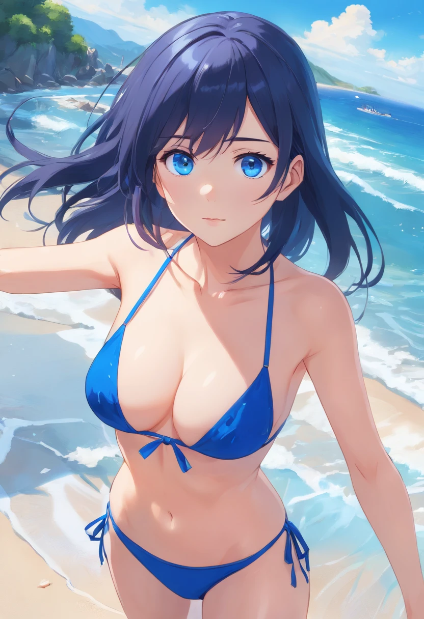 (clean, (masterpiece), Very high quality, professional, high-detail, HDR,UHD,11), 1 Girl, bara, (Mature and sexy:1.3), Perfect body, Big breasts, Long black hair, straight hair, bangs, expressive eyes, (Dark blue eyes:1.5), perfect face, (blue bikini:1.3), beach, (people:1.3)