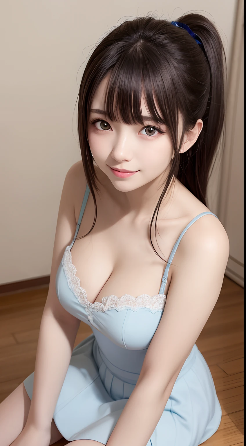 Smile、photorealisim、top-quality、超A high resolution、a picture、Photos of very beautiful Nordic-born girls、Extraordinarily beautiful girl、Detailed cute and beautiful happy face、(pureerosface_v1:0.008)、Beautiful bangs、alice in the wonderland、ar old、wing white shiny skin、Bangs that extend to the face、Bangs between the eyes、Super long hair、Attractive bright natural platinum blonde ponytail silky hair、finer hair、High-definition eyes、Beautiful, Bright and clear、Big light blue eyes shine charmingly、Uniform Uniform、pleatedskirt、eye liner、Double eyelids、Lush medium semi-nude bust、clevage、Perfect beautiful young body、Perfectly proportioned body、Bedrooms、sit on a bed、sit in