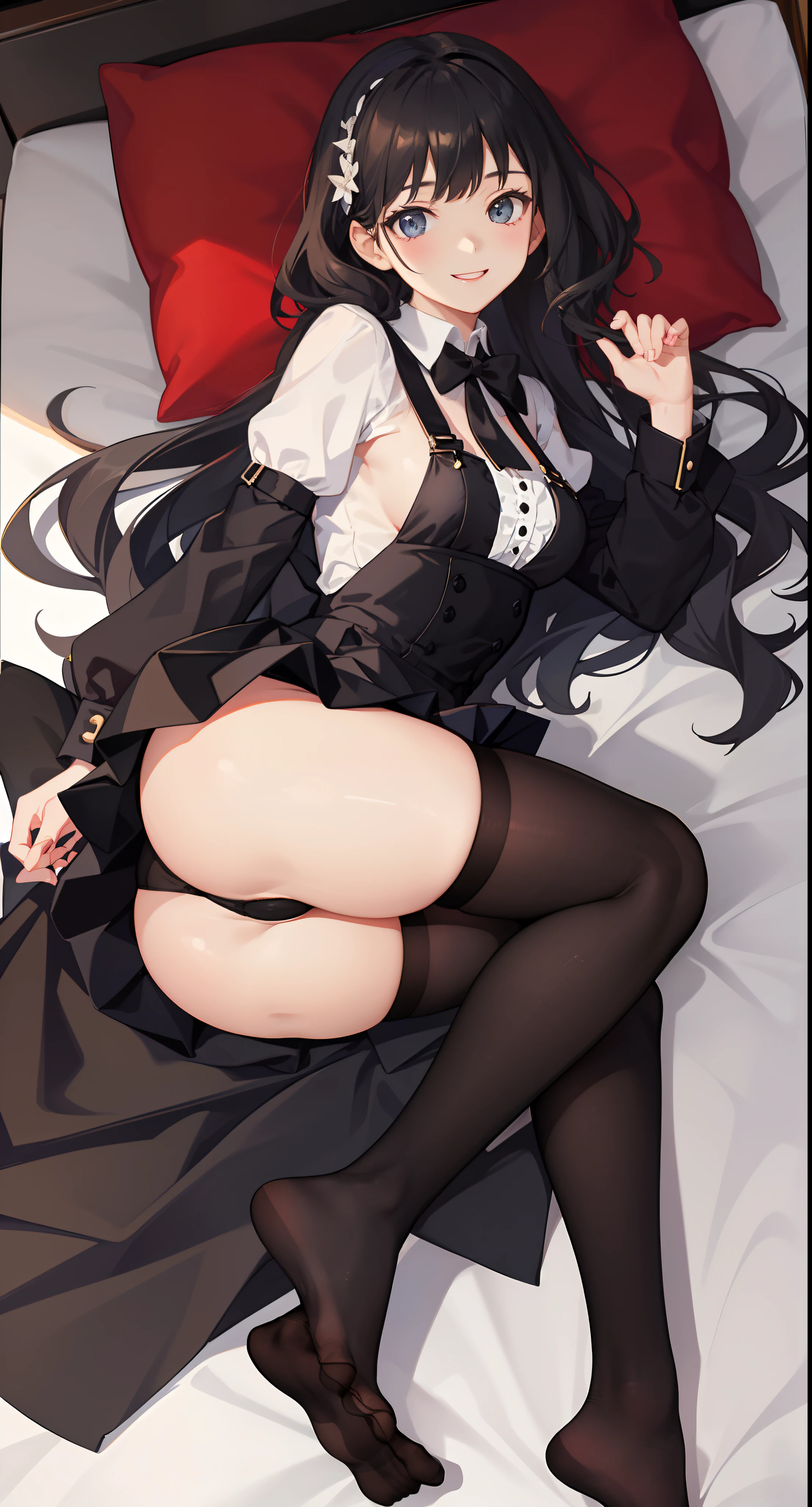 1girl in、A smile、A delightful! The shirt、skirt by the、(small tits)pinafore、doress、hair adornments、(Maids)、beatiful legs 、((big thighs)) 、squating banchira 、((big ass)) tease 、1girl in、A smile、A delightful! The shirt、skirt by the、(small tits)pinafore、doress、hair adornments、(Maids)、((bend over)) 、、 beatiful ass , black hair , ((black stockings)) , 20 years old , sexy feet , beatiful feets , (black underwear) , laying on bed , detailed bedroom , ((long sexy legs)) , (big thighs) , (she wants me)
