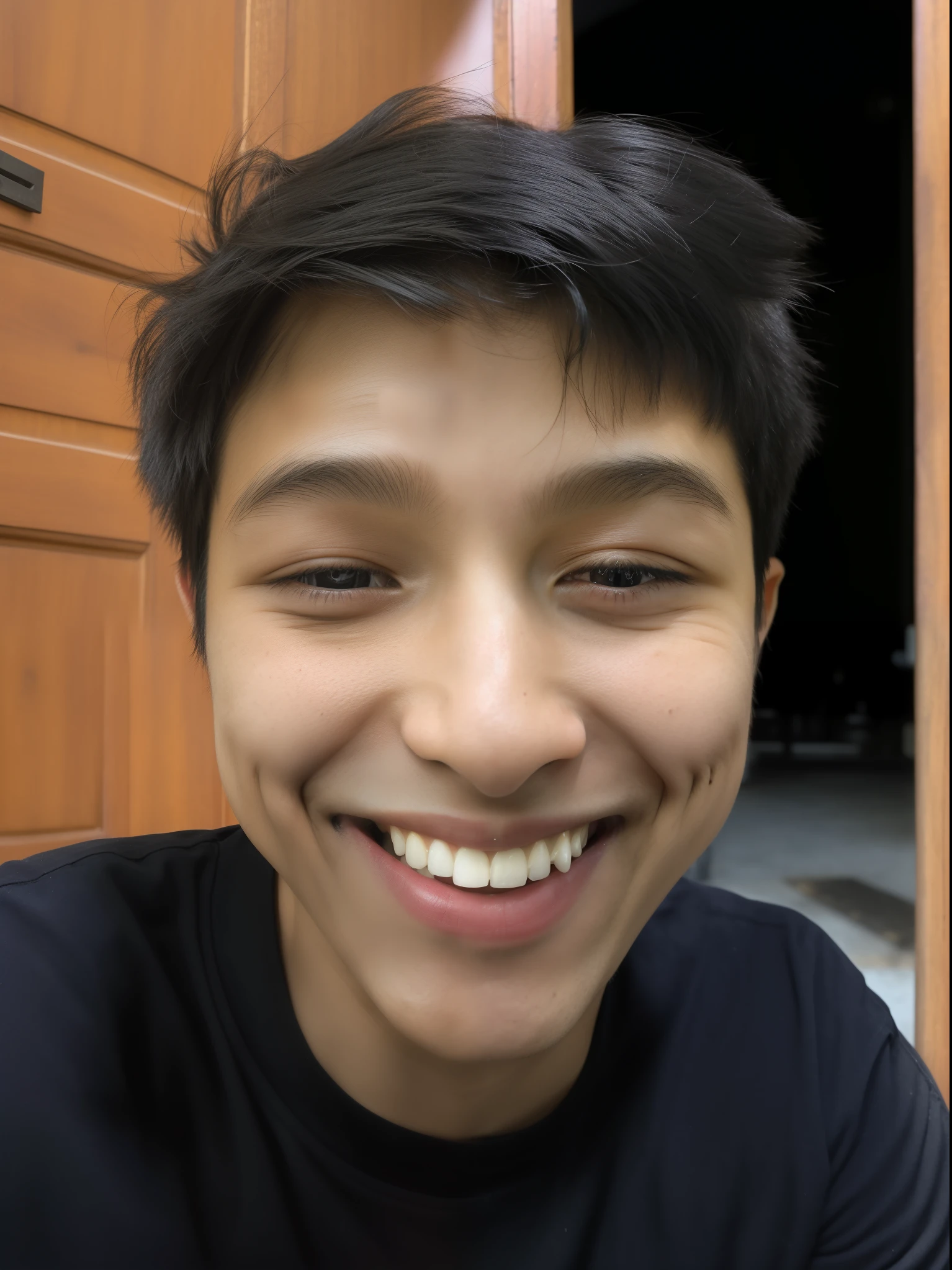 smiling man with black shirt and black shirt sitting in front of a wooden door, insane smile, large eyes and menacing smile, happily smiling at the camera, with accurate face, south east asian with round face, slight cute smile, very huge smile, boy with neutral face, good looking face, with a happy expression, very slightly smiling, very big smile