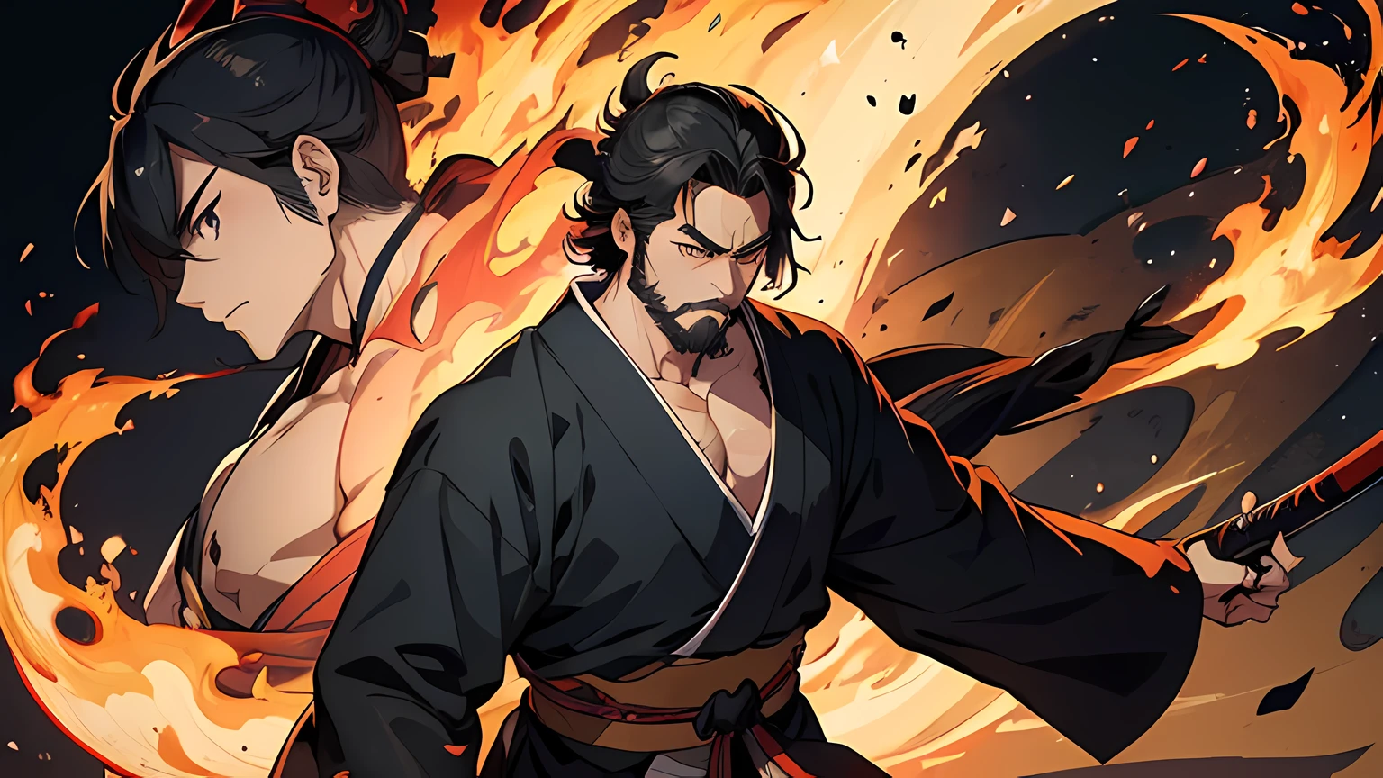 Miyamoto Musashi is a Japan samurai with a large body like a strongman. He has a rough face, short black hair, and a short, trimmed beard. He is a righteous samurai who fights evil. He wears a black kimono. The hakama should be a little longer and draw in a flowing shape that flutters in the wind. He holds a sword in his right hand with flames coming out of his Japan sword. The background is a swirling flame in Katsushika Hokusai style. Masterpiece high-resolution ukiyo-e style, with the highest quality