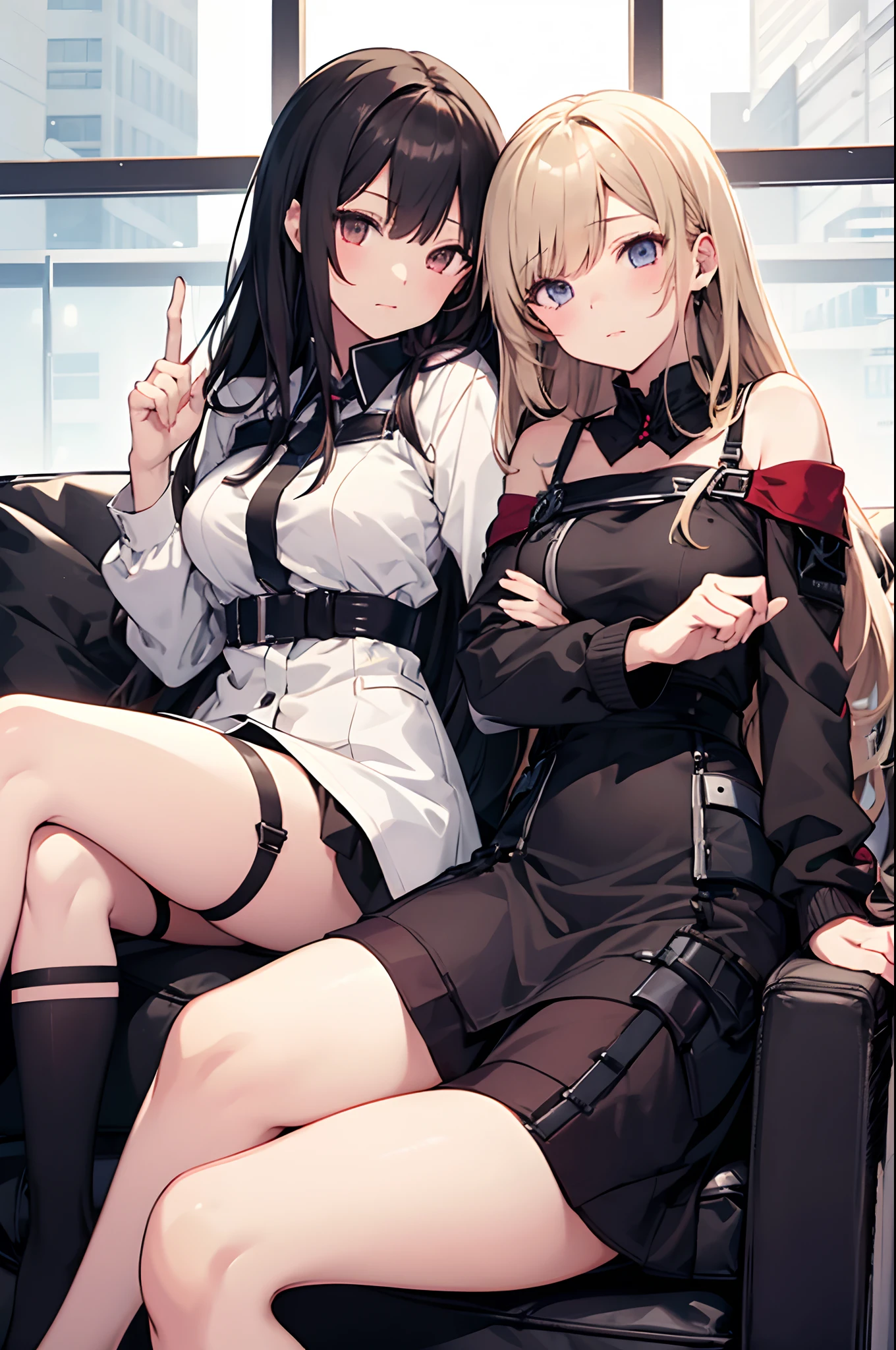 (masterpiece, Highest quality:1.2), Two Women。,One of the women has long blonde hair..、18-year-old、head band、Light brown skin、Large Breasts、thinウエスト、Big Ass、。,The other woman is short., Black Hair.、18-year-old、thin、Small breasts、thinウエスト、Big Ass、。skirt、In a suit