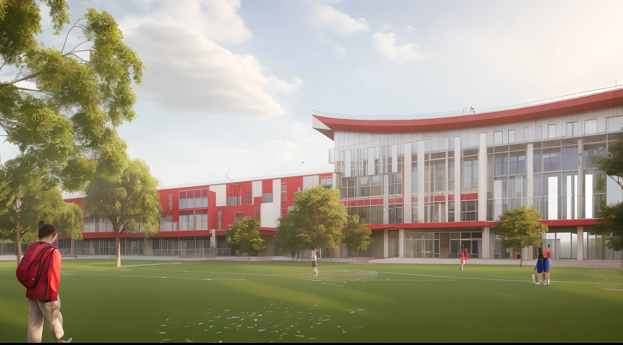 School architecture, modern style, grassy ground with students on the field, red and white walls, glass rails, city view, beautiful sky, natural sunlight, wide viewing angle, quality realistic image quality,