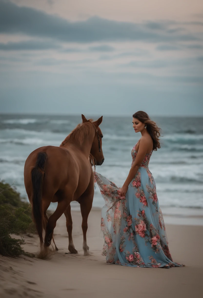 Jovem de 14 mais ou menos gorda com vestido floral azul claro e rosas e rabo de cavalo castanho na praia