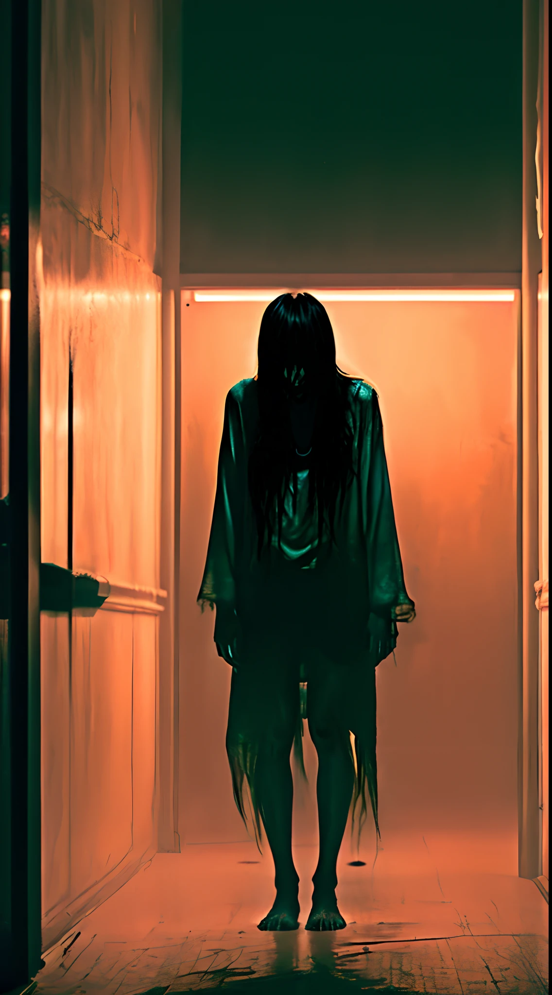 Sadako, creepypasta monster inside a liminal space of nightmares in a dark warehouse, dynamic lighting, photorealistic, trending on art station, stunning visuals, foggy, creative, cinematic, ultra detailed, atmospherical, ambient lighting, scary art, bad quality, heavy film grain, desaturated, orange teal hue