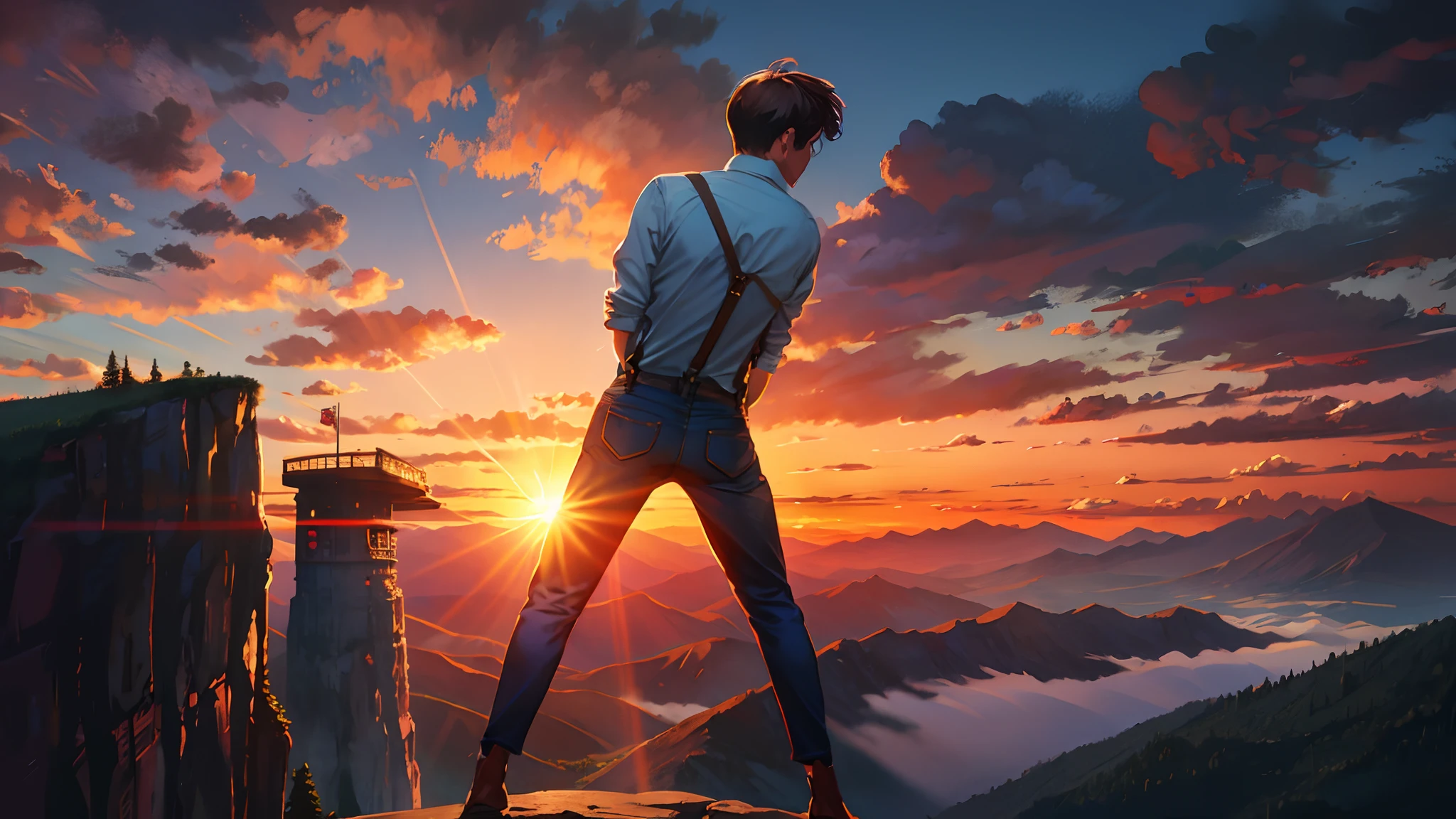 the sunset，eventide，Big Mountain，Medium short hair，Suspenders，Put your feet on the ground，Iron Mountain Back，In front is the cliff
