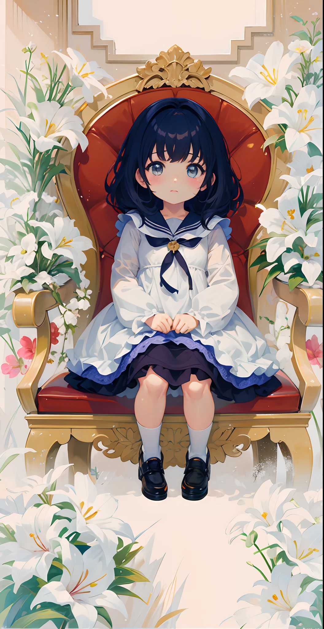 Menina anime sentada em uma cadeira vermelha com flores no fundo, anime moe artstyle, visual anime de uma menina bonito, Guweiz em Pixiv ArtStation, menina pequena loli, Loli no vestido, small curvy loli, Guweiz em ArtStation Pixiv, Arte Zerochan, menina anime bonito, Estilo de arte anime bonito, anime illustration