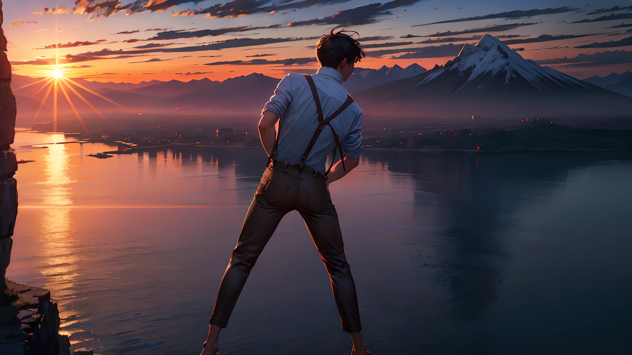 the sunset,eventide,Big Mountain,Medium short hair,Suspenders,Put your feet on the ground,Iron Mountain Back,In front is the cliff