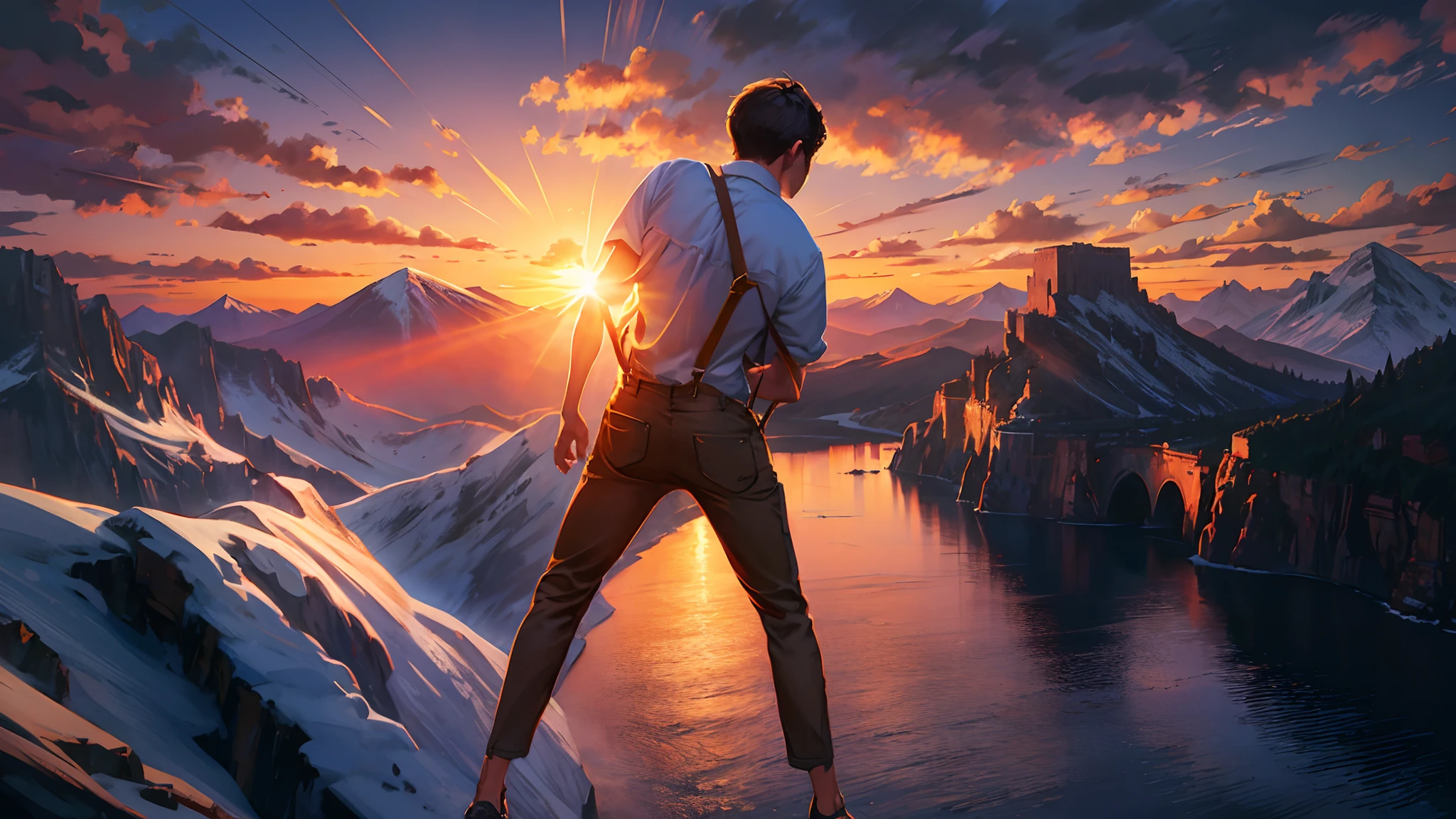 the sunset，eventide，Big Mountain，Medium short hair，Suspenders，Put your feet on the ground，Iron Mountain Back，In front is the cliff