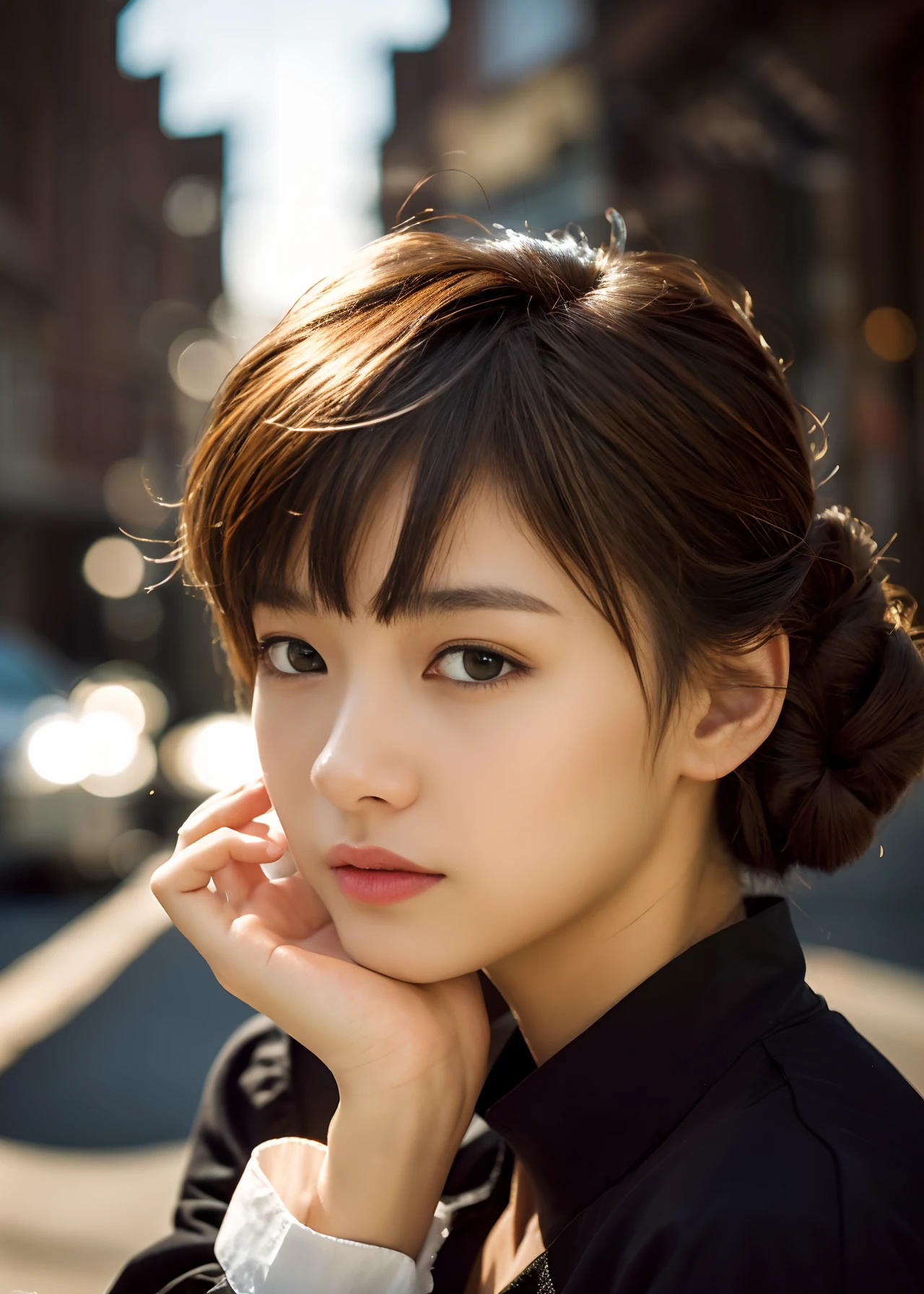 Top quality, Practical, Perfect human structure, Very detailed, Very delicate and beautiful, Original Photography, Professional lighting, Luminescence, Depth of Field, Single focus, whole body, Skinny Japanese lady, 30-year-old woman, Brown hair, Small head, beautiful eyes, serious, Practical skin, Delicate eyes, (Fashionable Hairstyle:1.3), Sexy pose, , Unbelievably ridiculous, Extremely detailed, Women's shirts