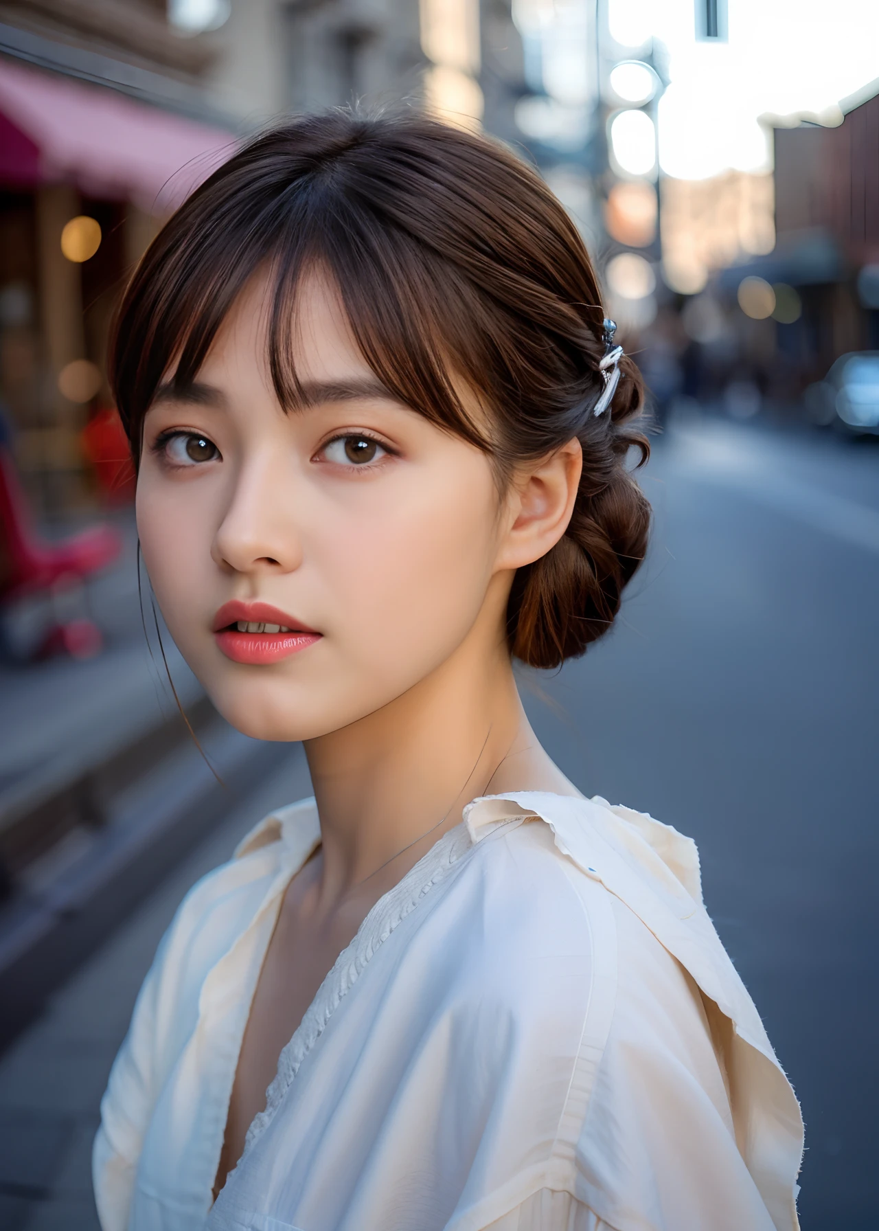 Ultra-high-quality photos、Raw photography、beautiful detailed face and eyes、(Photorealsitic:1.4)、top-quality、hight resolution、realisitic、16 K、Caustics、Core Shadow、Dinamic Light、Beautiful and delicate lips、delicate finger、Detailed pupils、Real Human Skin、(ighly detailed)、Raw photography、Sitting Woman、21years old、(bangss:1.2)、Faint lips、cowboy  shot、frombelow、(Light brown high-contrast hair、  half updo hair:1.36)、water eye、
(main street:1.3)The calm expression and calm breathing create a calm atmosphere。。