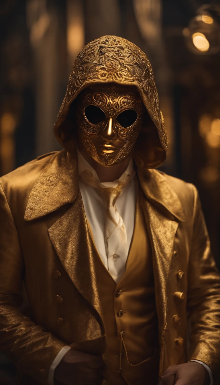 Create a role for your YouTube channel, mystical , Looks like a detective in a golden mask, social clothes
