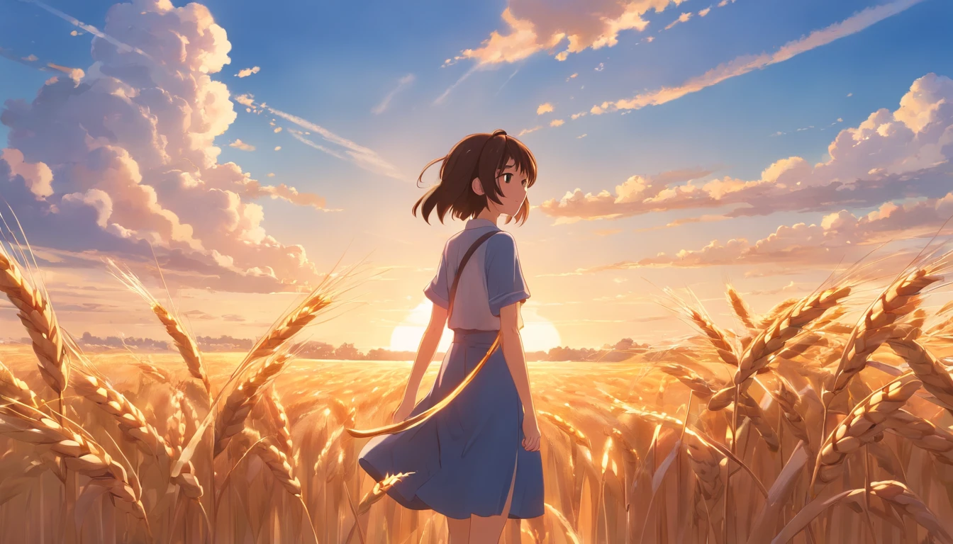 Masterpiece, best quality, (very detailed CG unified 8k wallpaper) (best quality), (best illustration), (best shade) naturally harvested wheat, super detailed, harvester, white clouds, blue sky, no humans --v6
